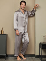 [Gray] SilkSilky Pure Silk Long Sleeve Lapel Men's Pajamas 005