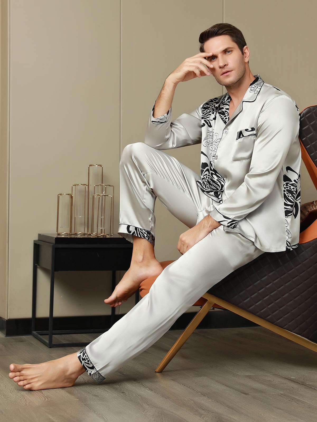 [Gray] SilkSilky Pure Silk Long Sleeve Lapel Men's Pajamas 007