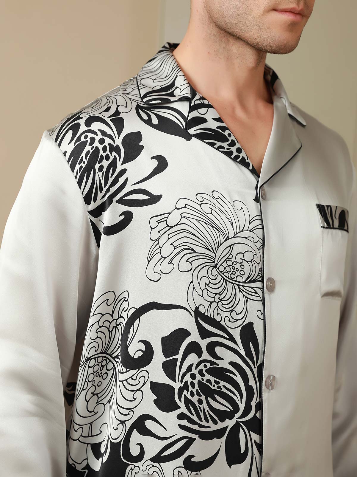 [Gray] SilkSilky Pure Silk Long Sleeve Lapel Men's Pajamas 009
