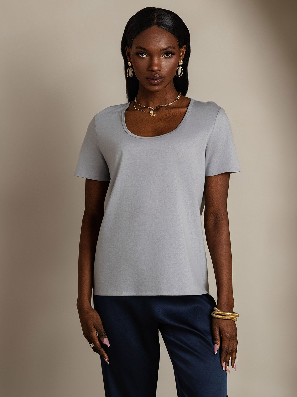[Gray] SilkSilky Silk Short Sleeve U Neck Women's T-Shirt 001