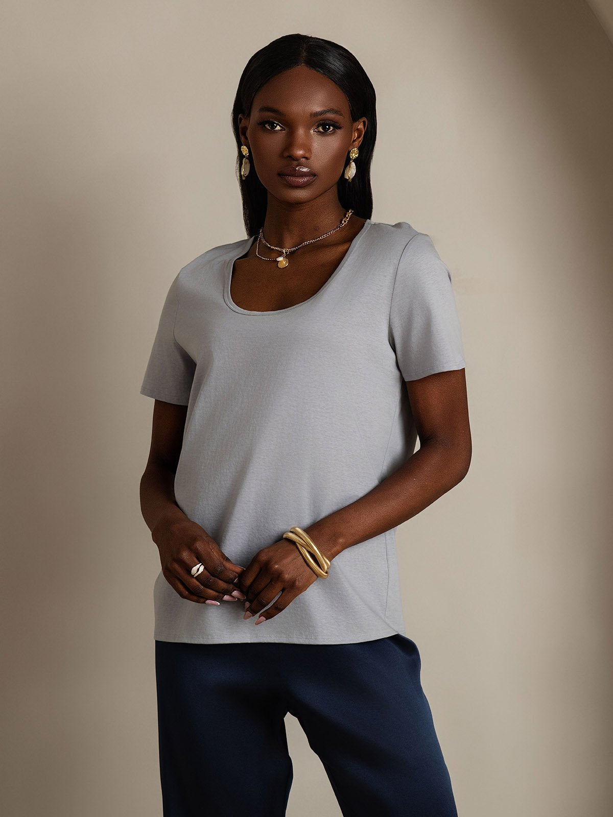[Gray] SilkSilky Silk Short Sleeve U Neck Women's T-Shirt 003