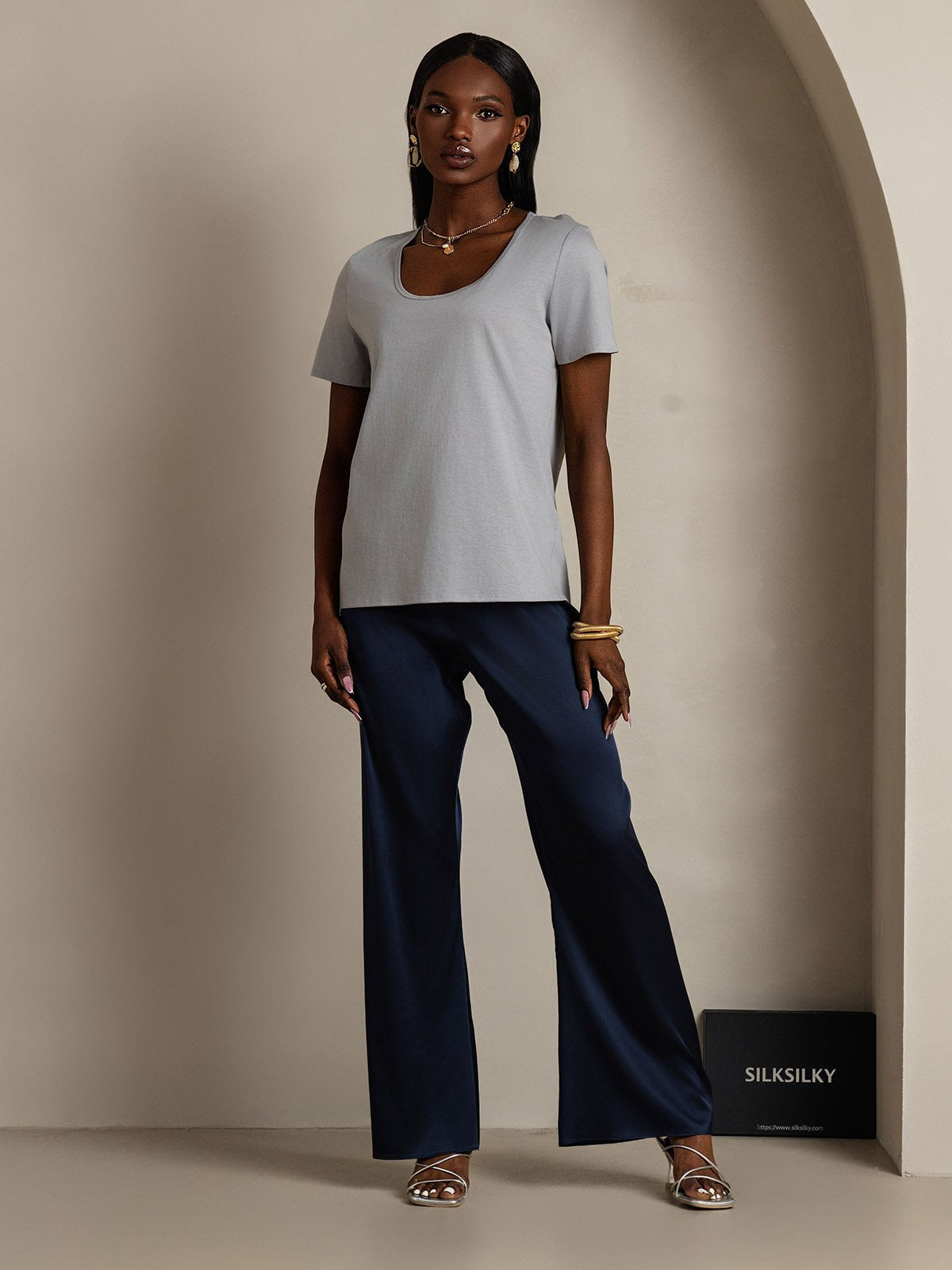 [Gray] SilkSilky Silk Short Sleeve U Neck Women's T-Shirt 006