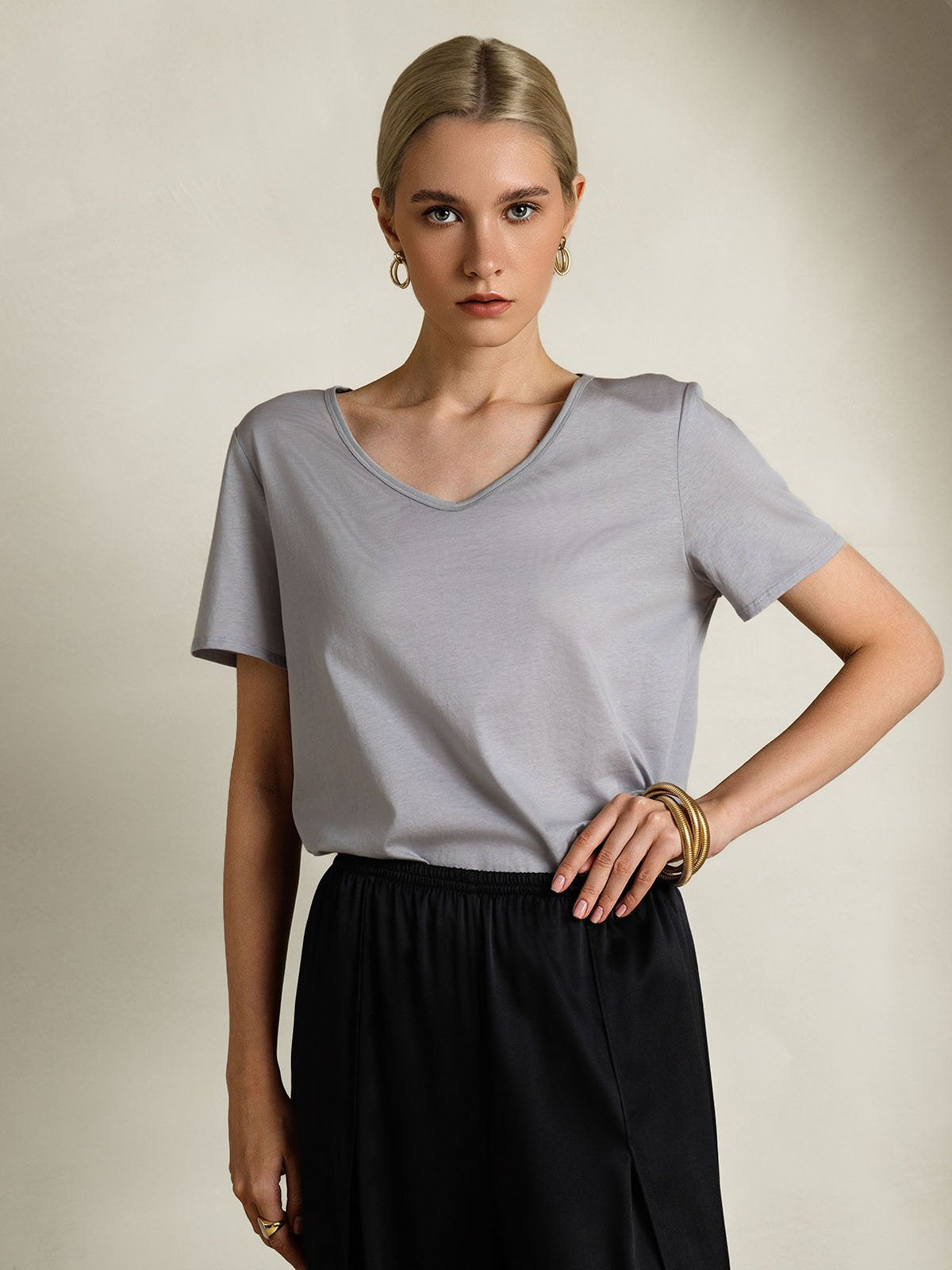 [Gray] SilkSilky Silk Short Sleeve V Neck Women's T-Shirt 005