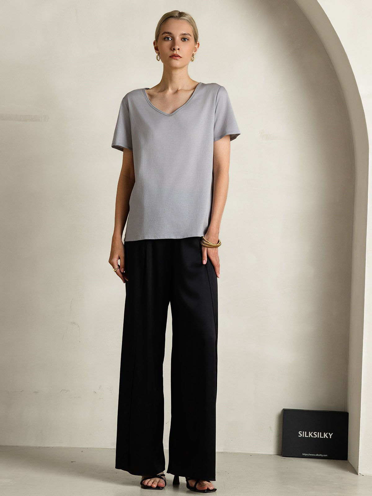 [Gray] SilkSilky Silk Short Sleeve V Neck Women's T-Shirt 006