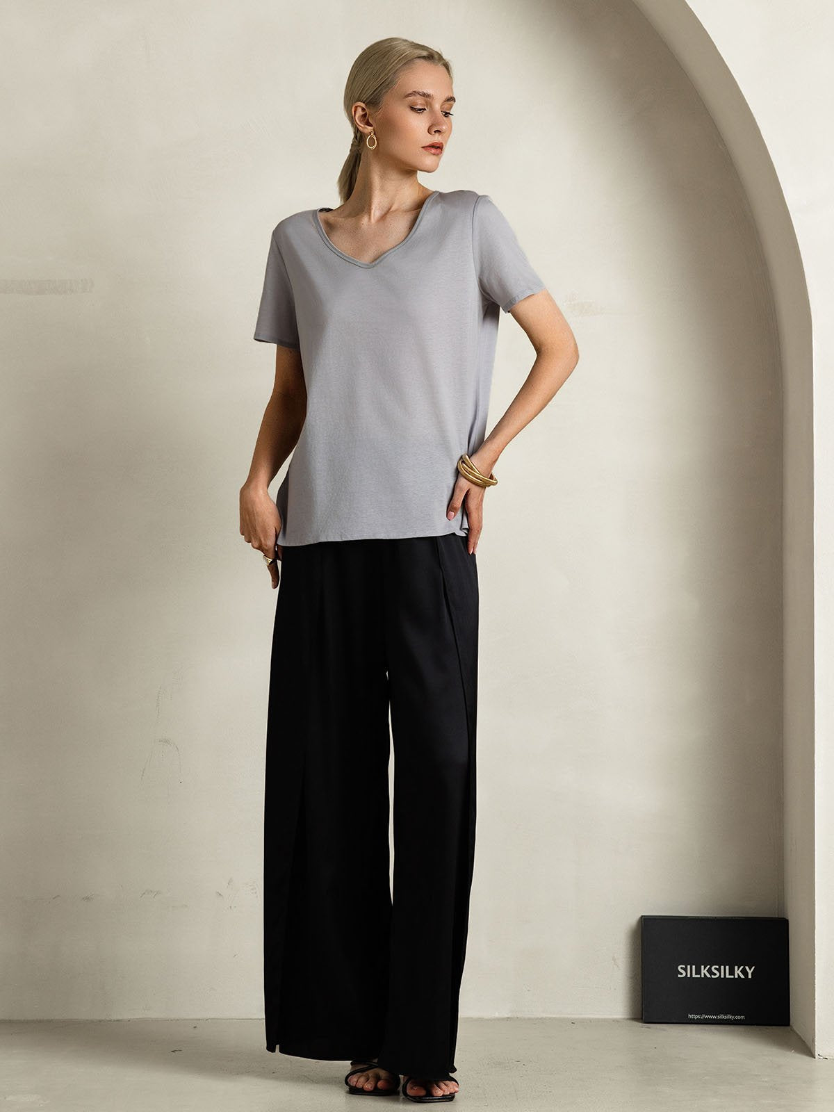 [Gray] SilkSilky Silk Short Sleeve V Neck Women's T-Shirt 008