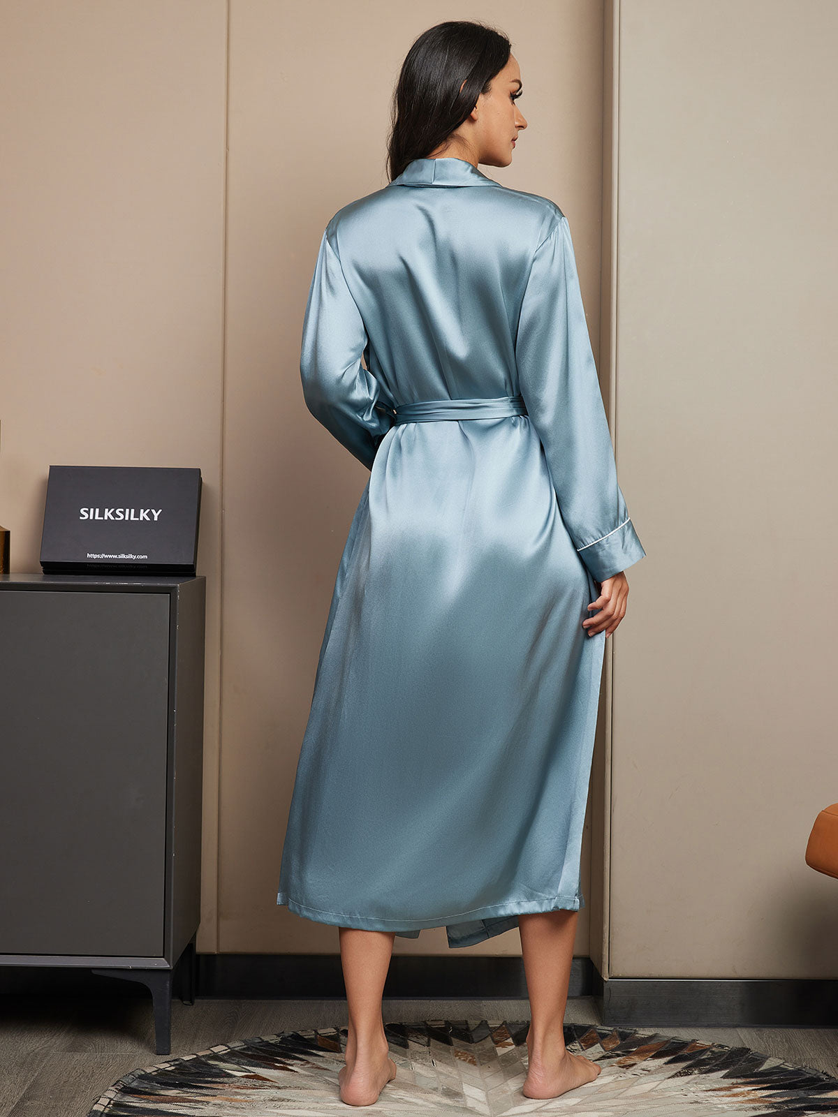 [Grayish Blue] SilkSilky 19Momme Pure Silk Long Sleeve Womens Robe 002