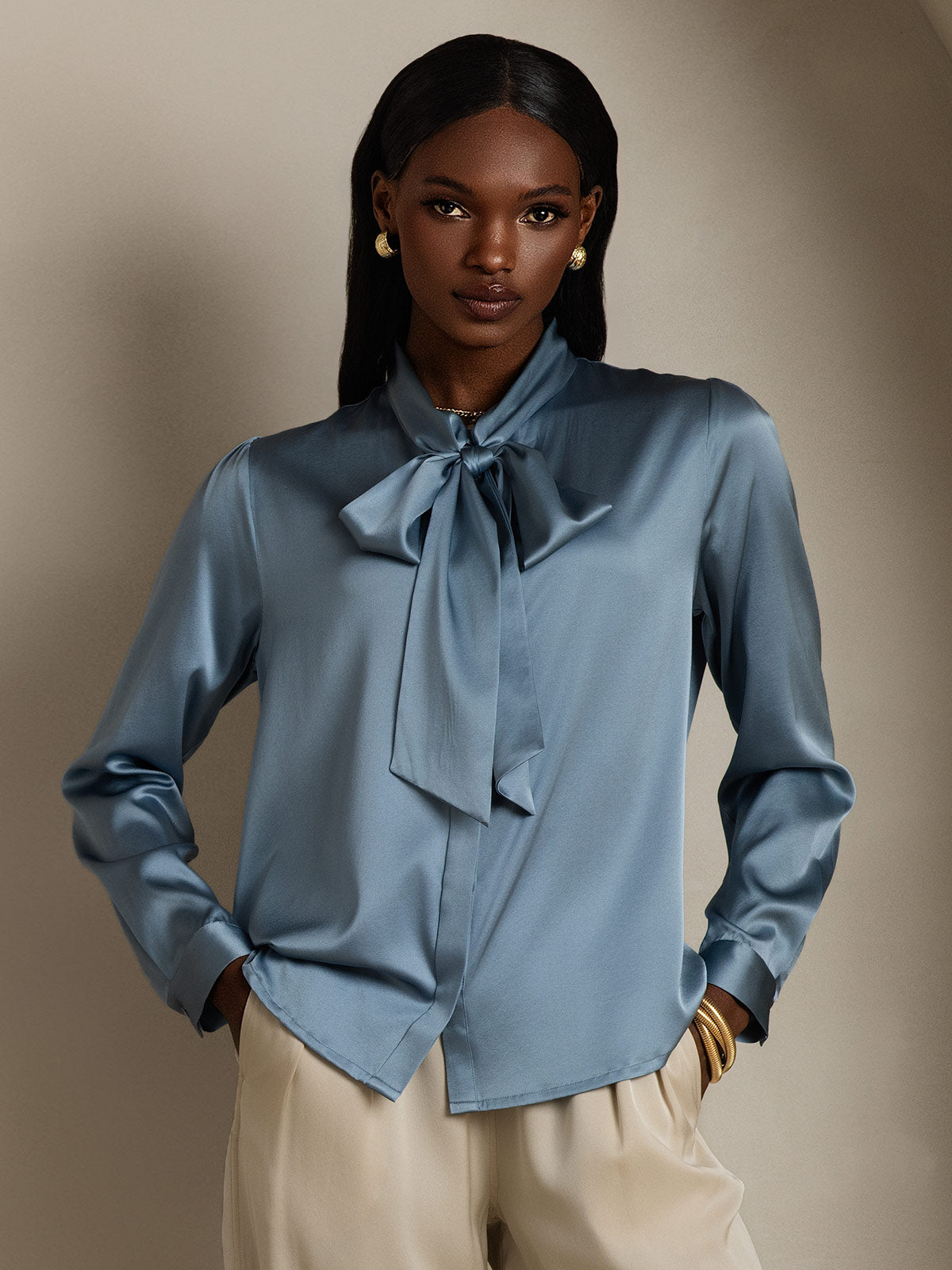 [Grayish Blue] SilkSilky 19Momme Silk Long Sleeve Tie Neck Women's Shirt 001