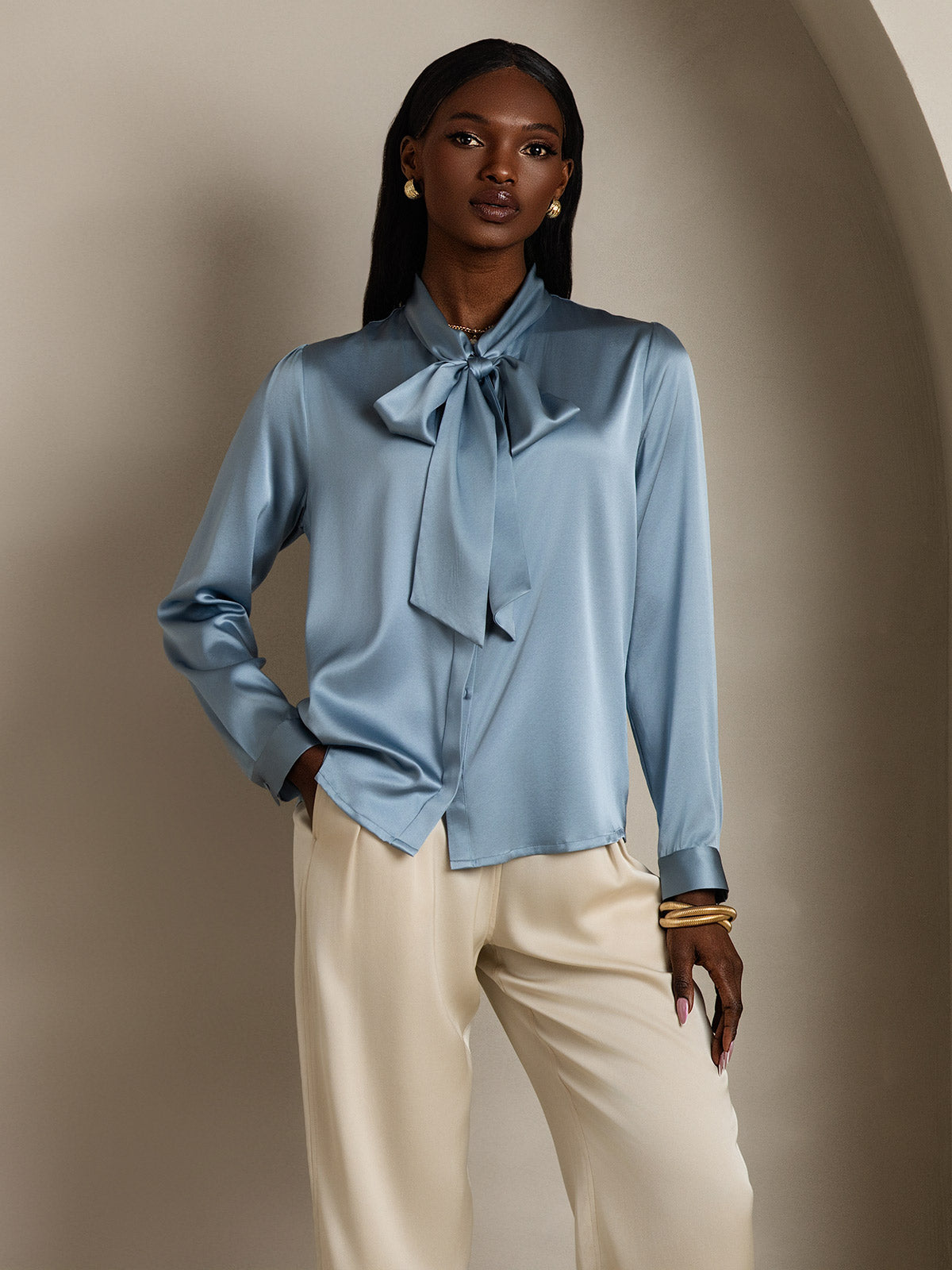 [Grayish Blue] SilkSilky 19Momme Silk Long Sleeve Tie Neck Women's Shirt 005