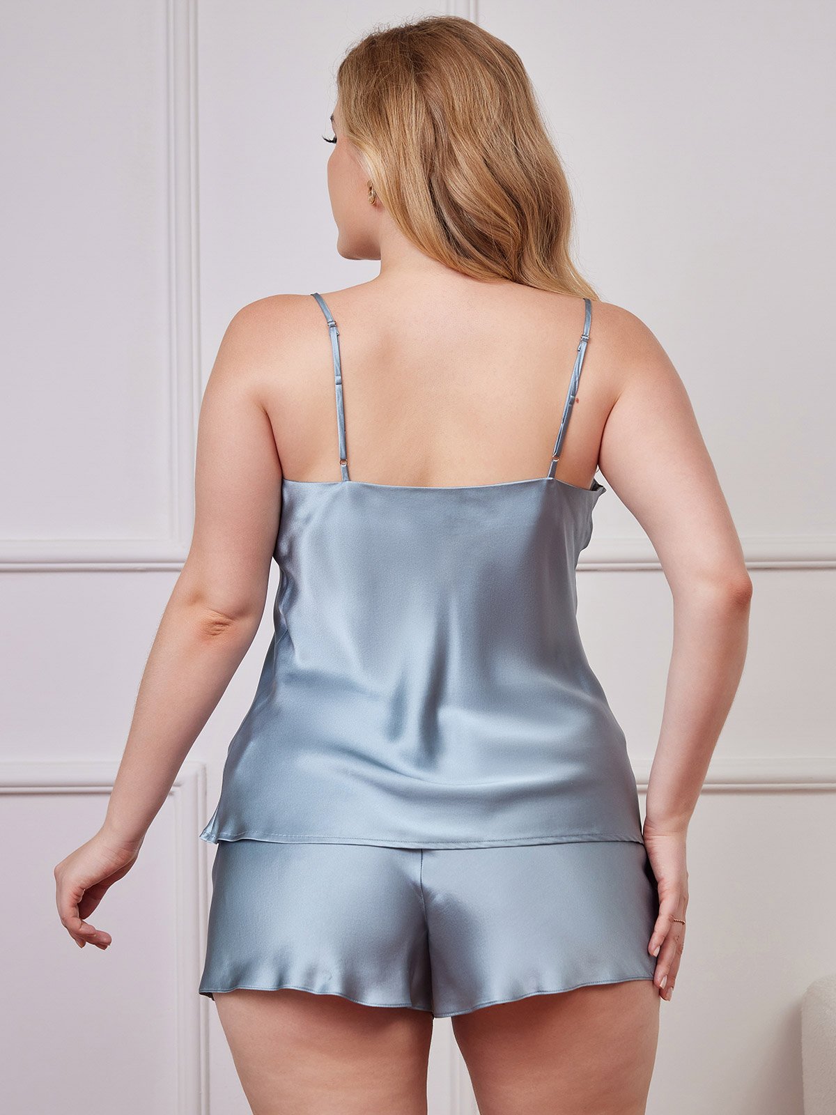 [Grayish Blue] SilkSilky Pure Silk Deep V Neck Plus Size Camisole Set 002