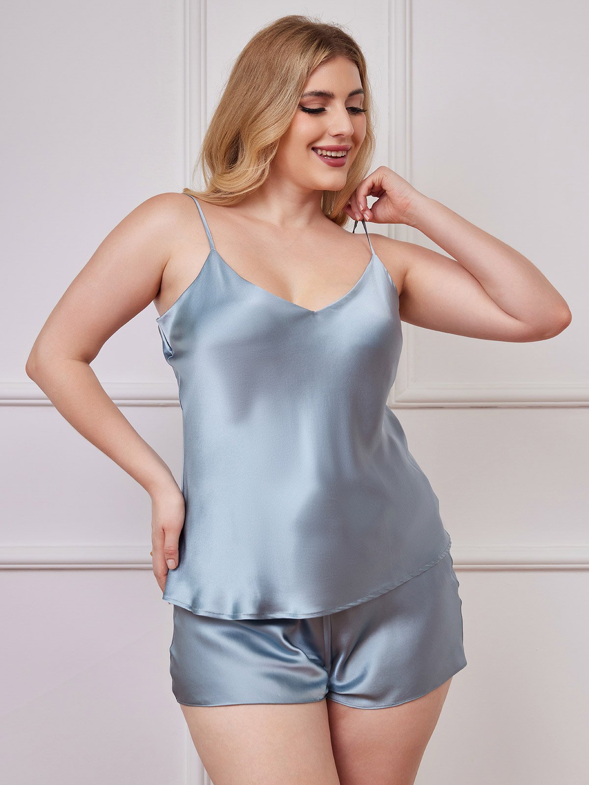 [Grayish Blue] SilkSilky Pure Silk Deep V Neck Plus Size Camisole Set 005