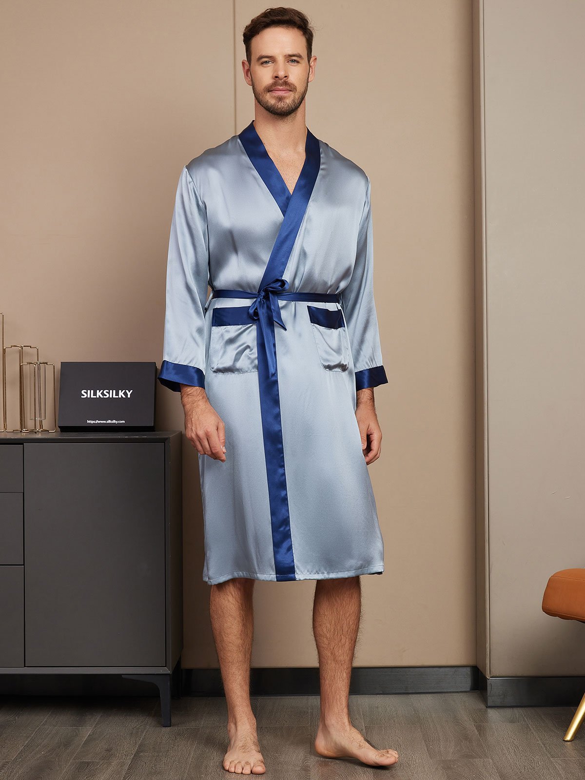 [Grayish Blue] SilkSilky Pure Silk Long Sleeve Mens Robe 001
