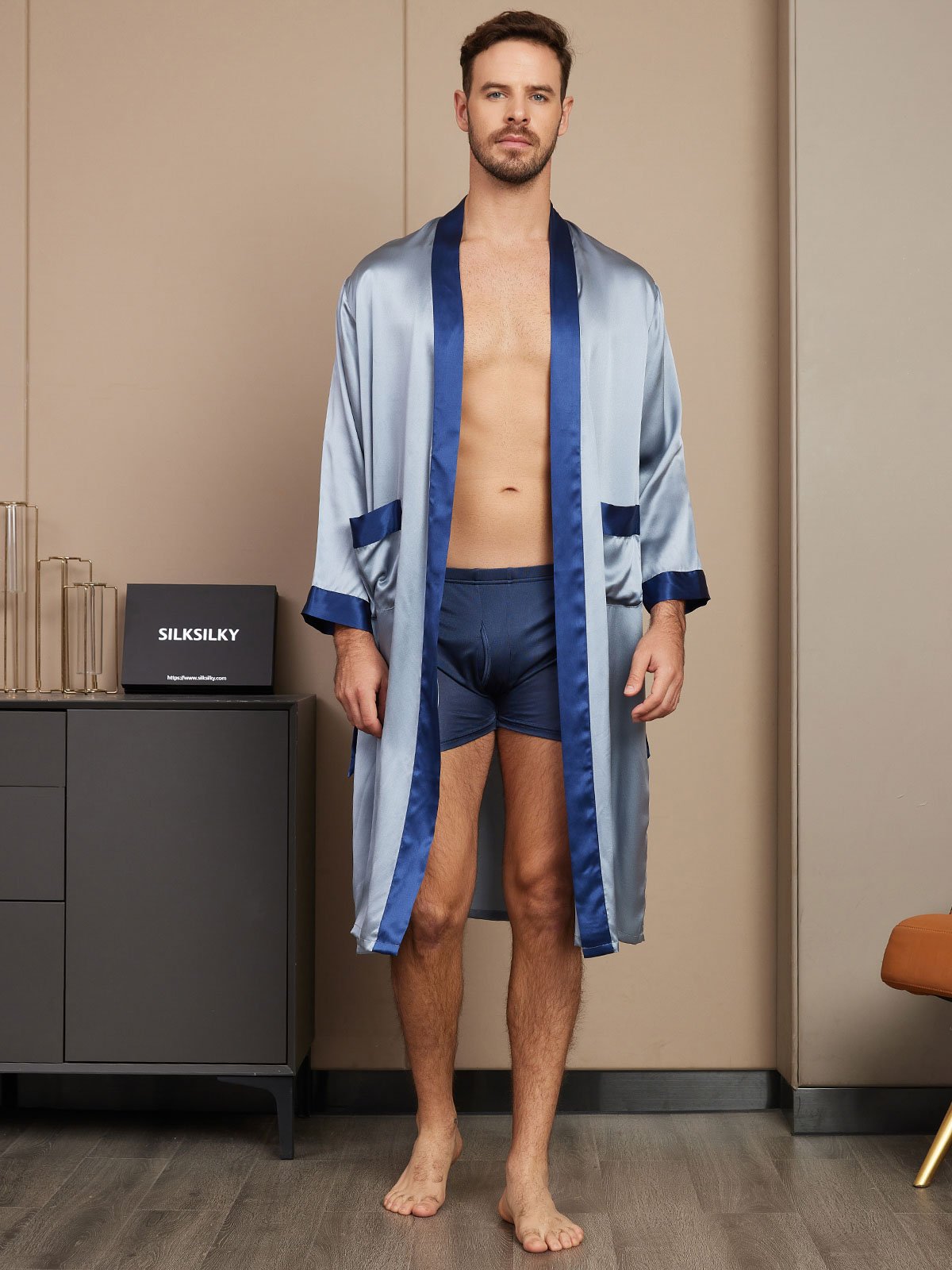 [Grayish Blue] SilkSilky  Pure Silk Mens Robe 003