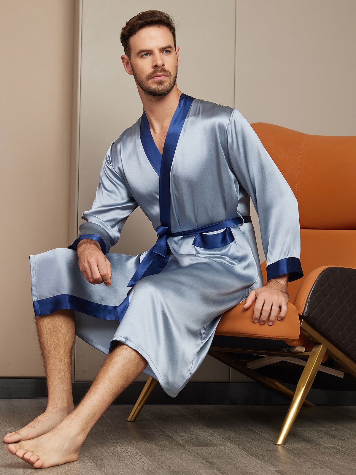 [Grayish Blue] SilkSilky Pure Silk Long Sleeve Mens Robe 004