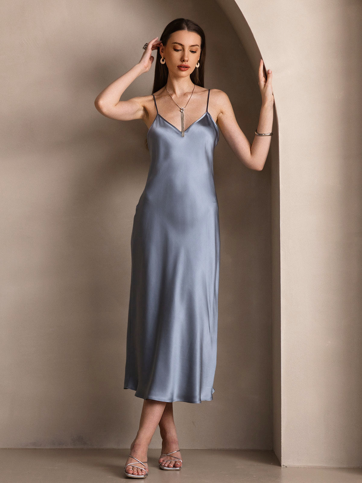 [Grayish Blue] SilkSilky Pure Silk Sleeveless Round Neck Dress 006