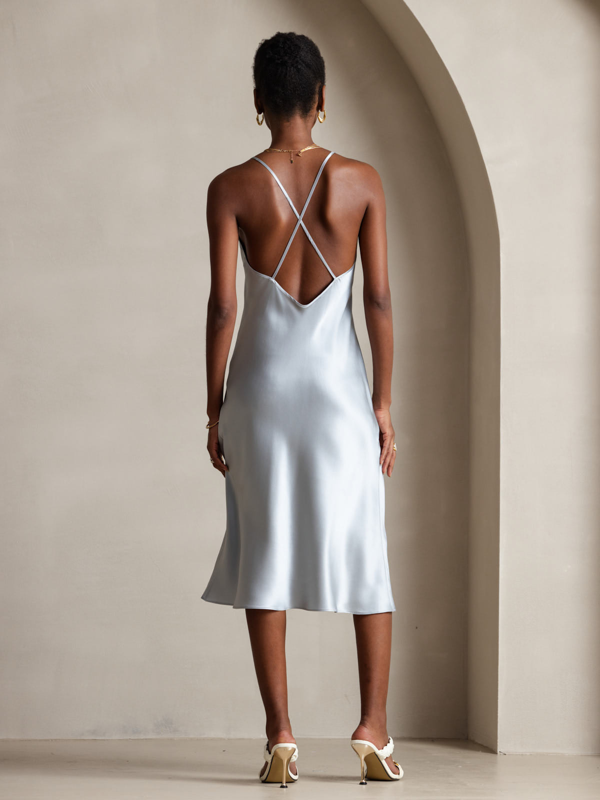 [Grayish Blue] SilkSilky Pure Silk Sleeveless V Neck Dress 002