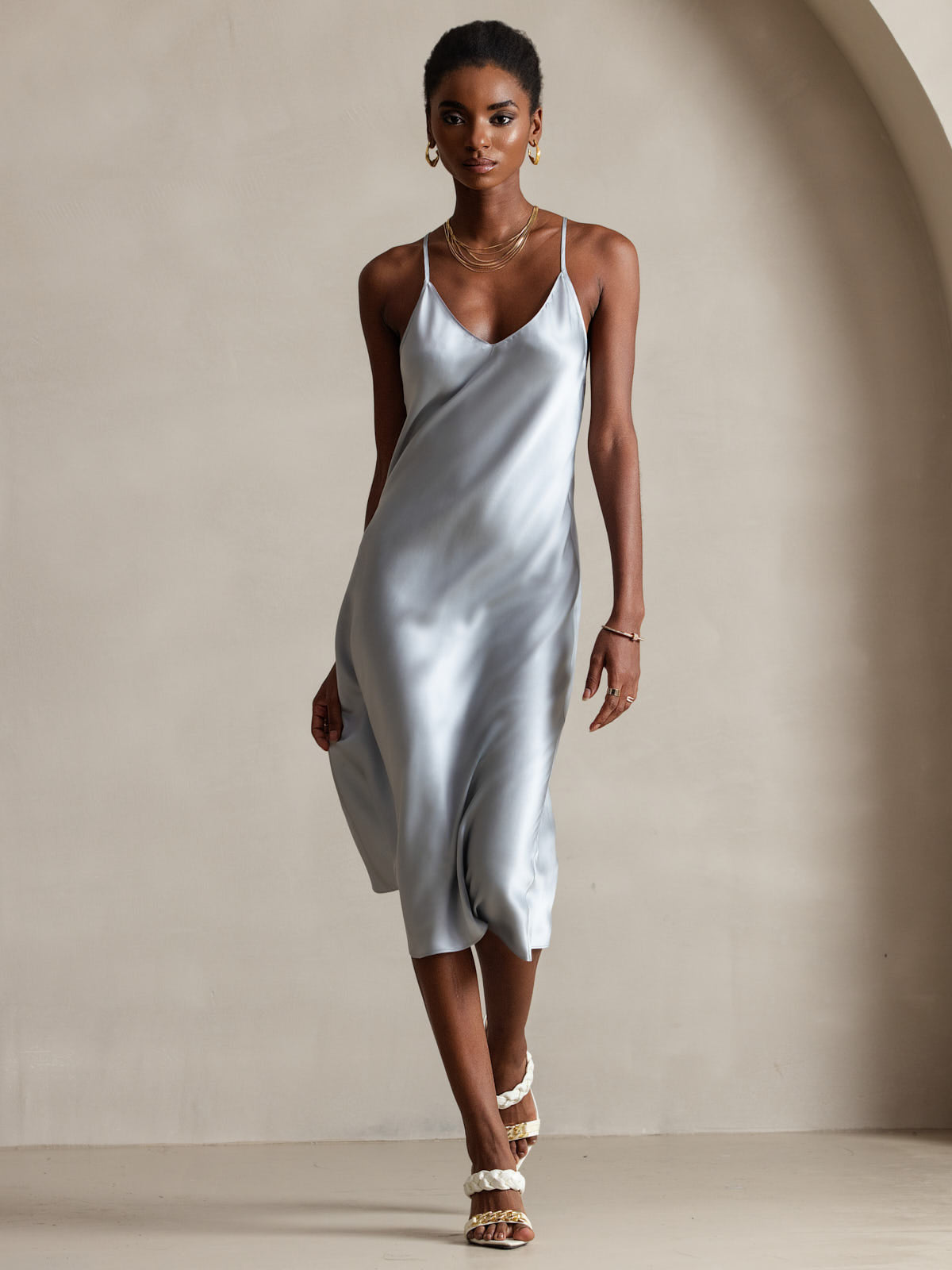 [Grayish Blue] SilkSilky Pure Silk Sleeveless V Neck Dress 004