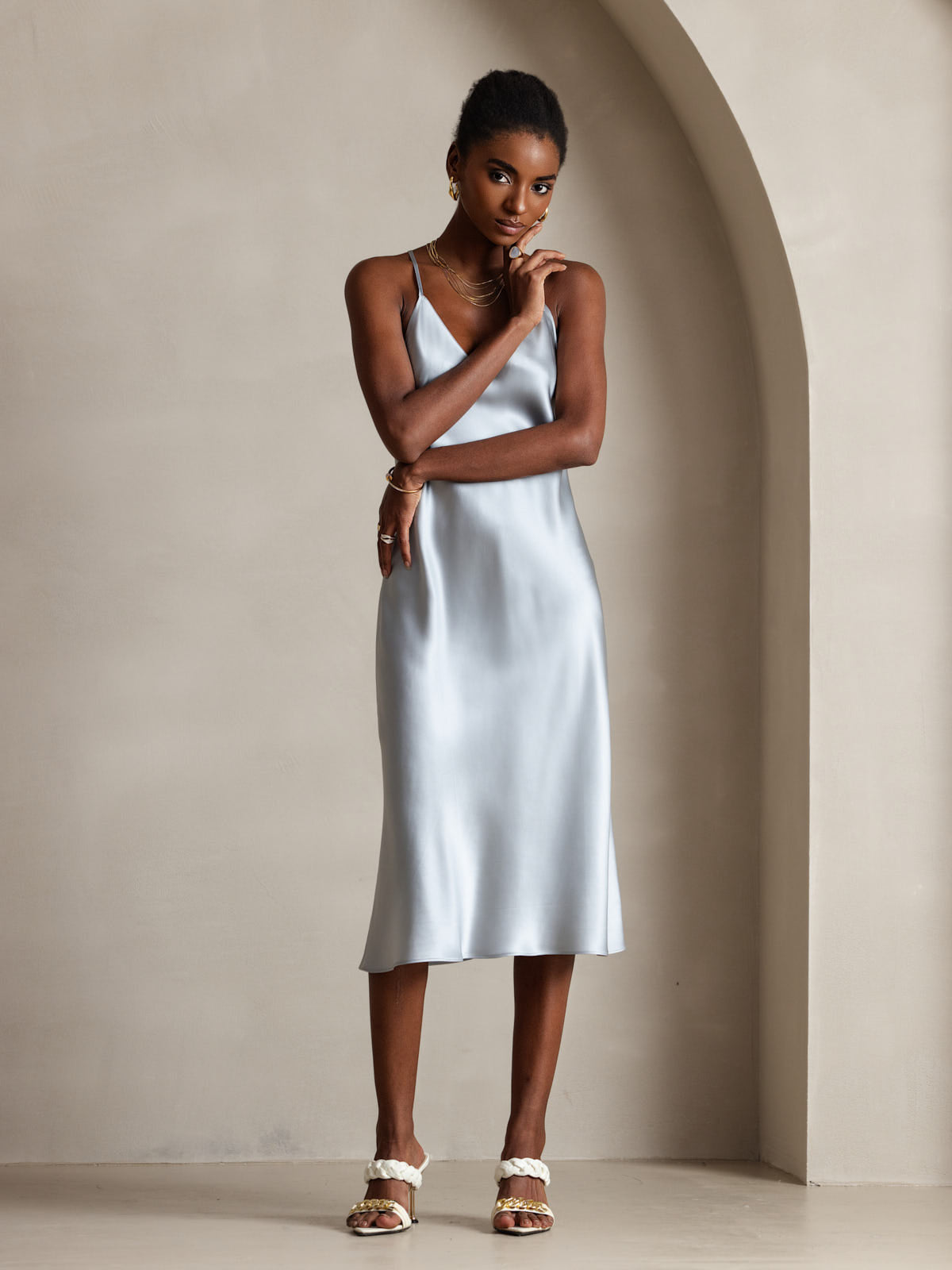 [Grayish Blue] SilkSilky Pure Silk Sleeveless V Neck Dress 006