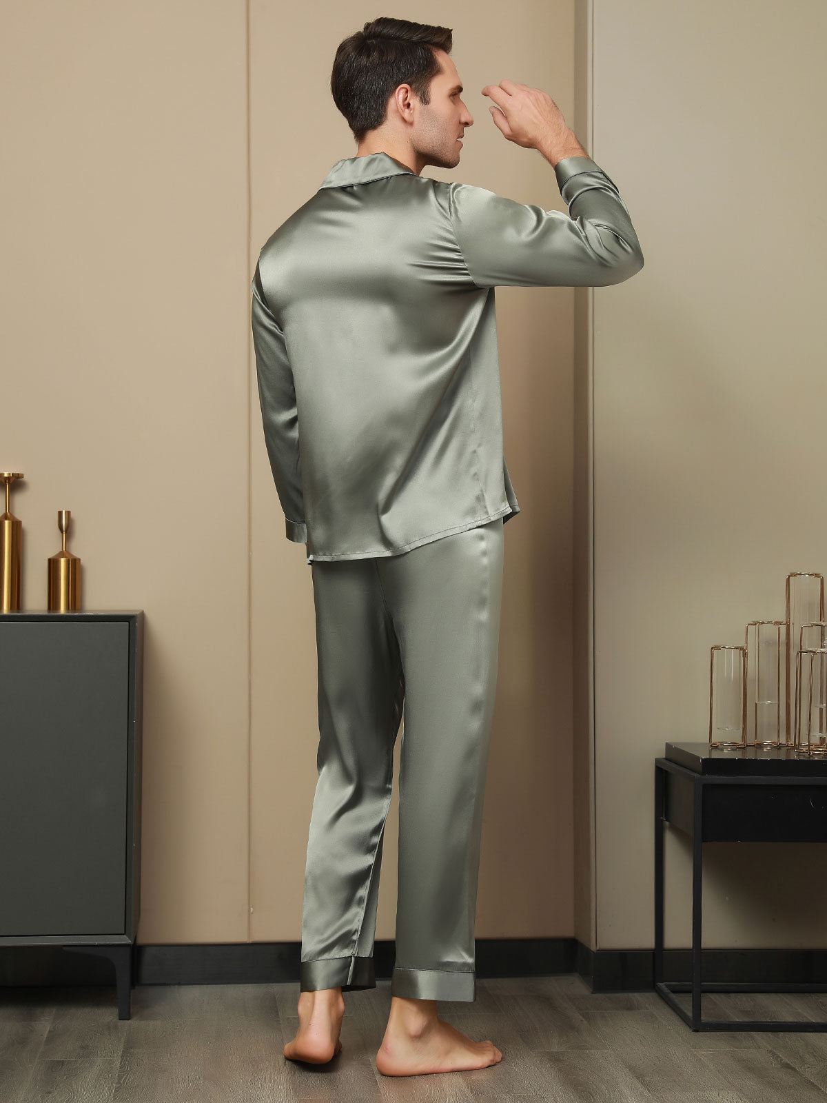 [Grayish Green] SilkSilky  Long Sleeve Notch Collar Men's Pajamas 002