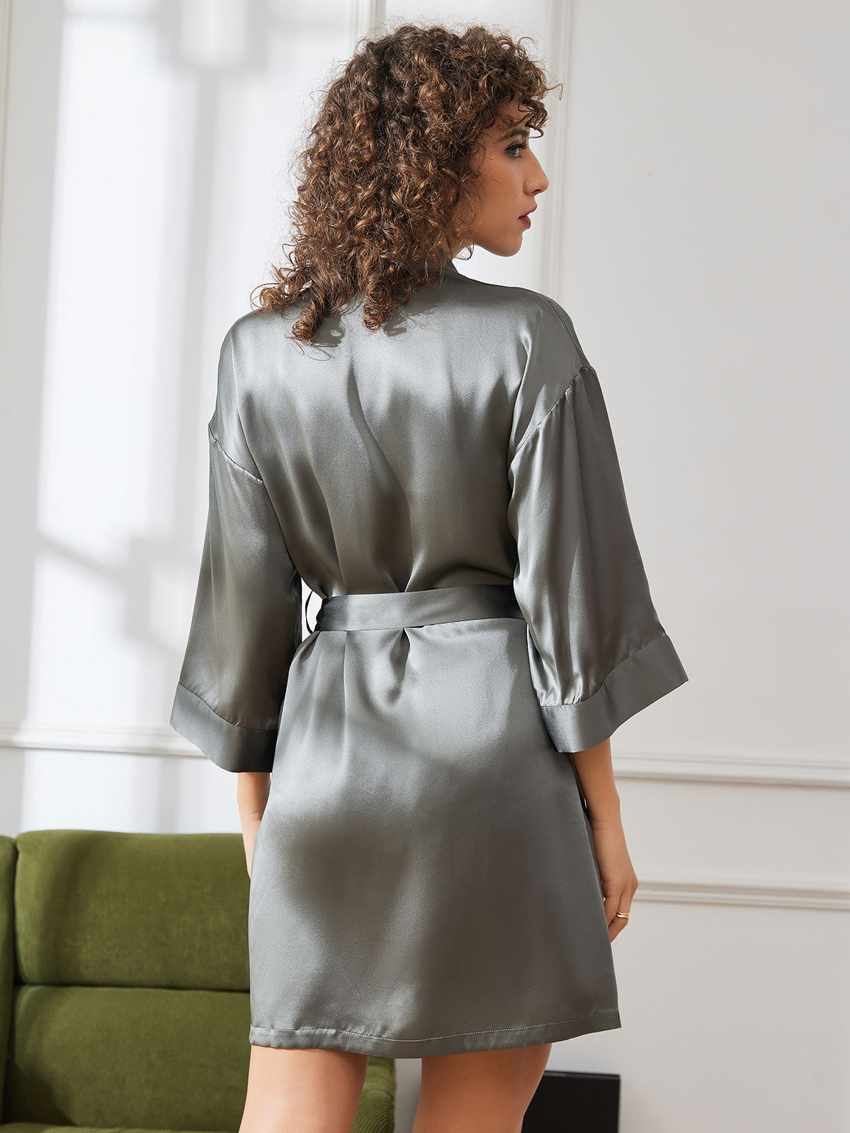 [Grayish Green] SilkSilky Pure Silk Half Sleeve Womens Robe 002
