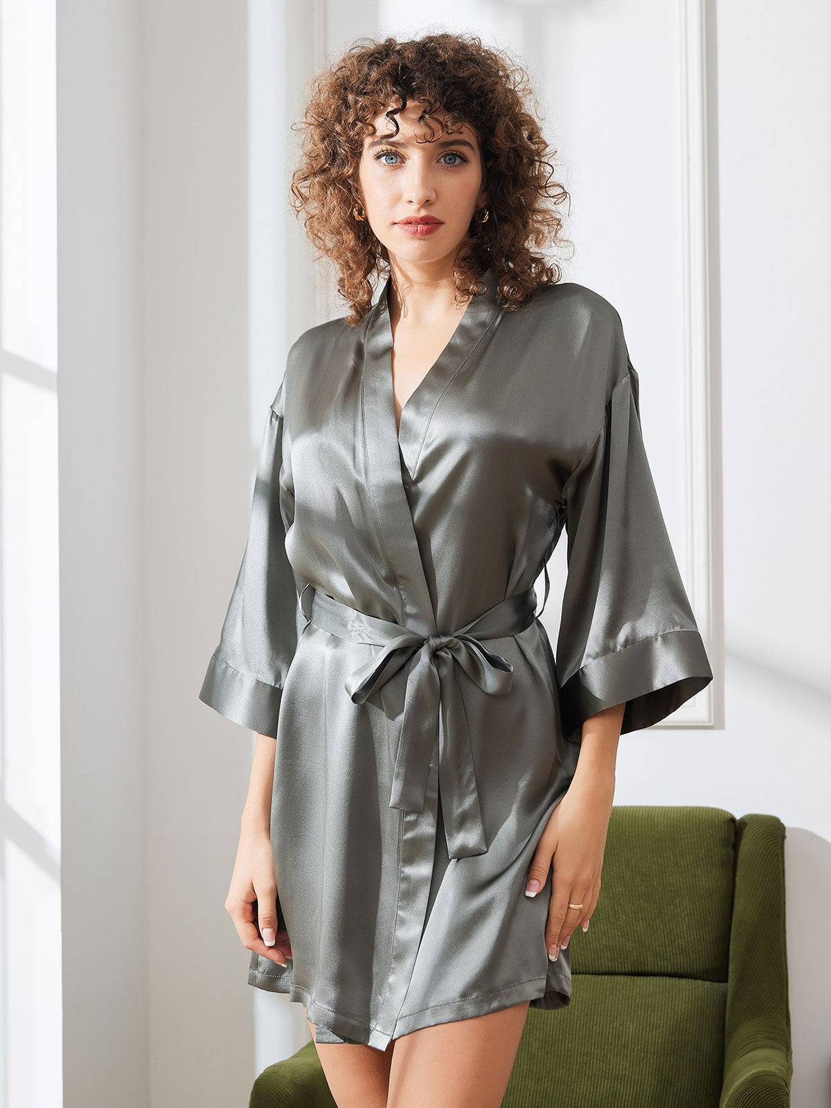[Grayish Green] SilkSilky Pure Silk Half Sleeve Womens Robe 004