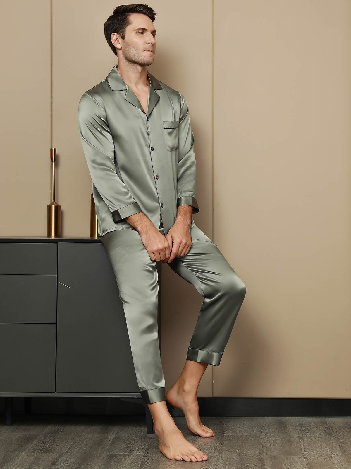 [Grayish Green] SilkSilky Pure Silk Long Sleeve Lapel Men's Pajamas 003