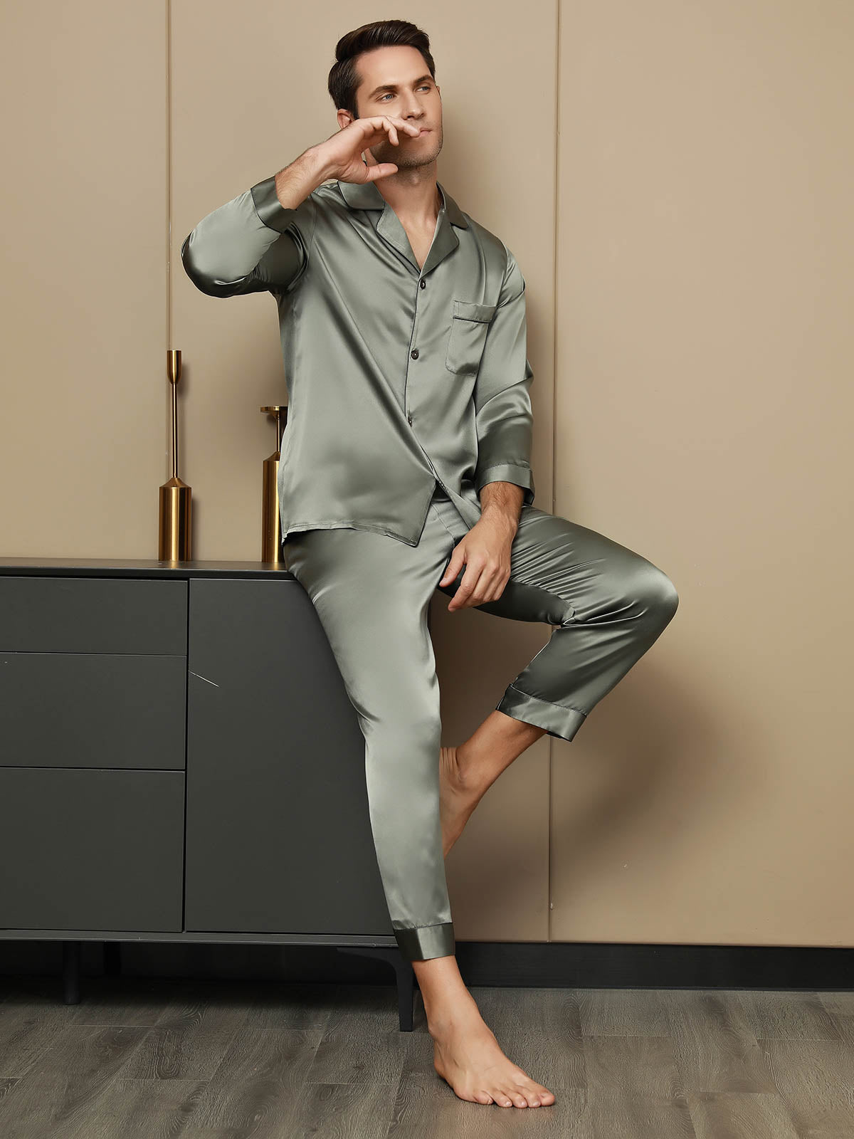 [Grayish Green] SilkSilky Pure Silk Long Sleeve Lapel Men's Pajamas 004