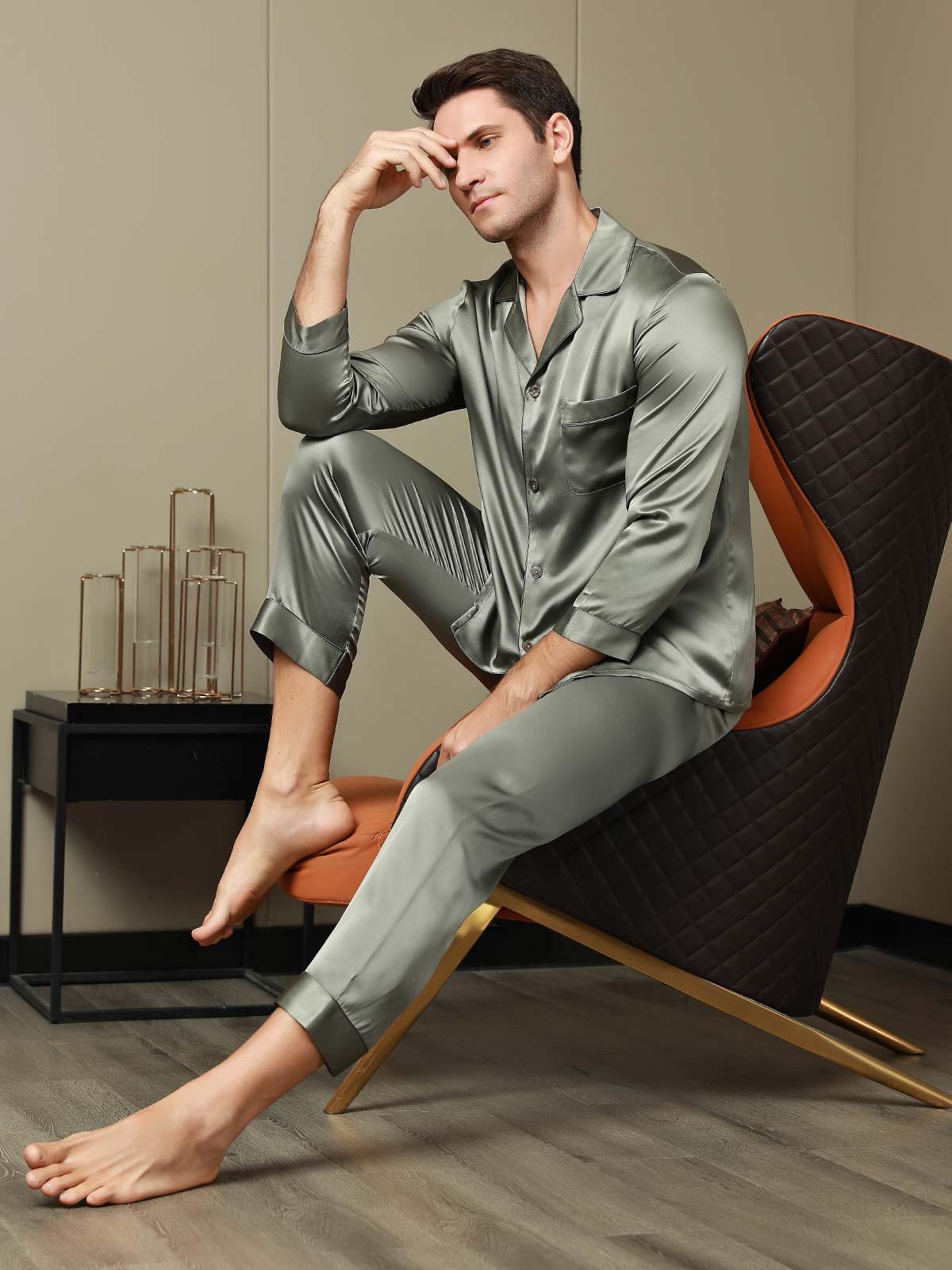 [Grayish Green] SilkSilky Pure Silk Long Sleeve Lapel Men's Pajamas 005