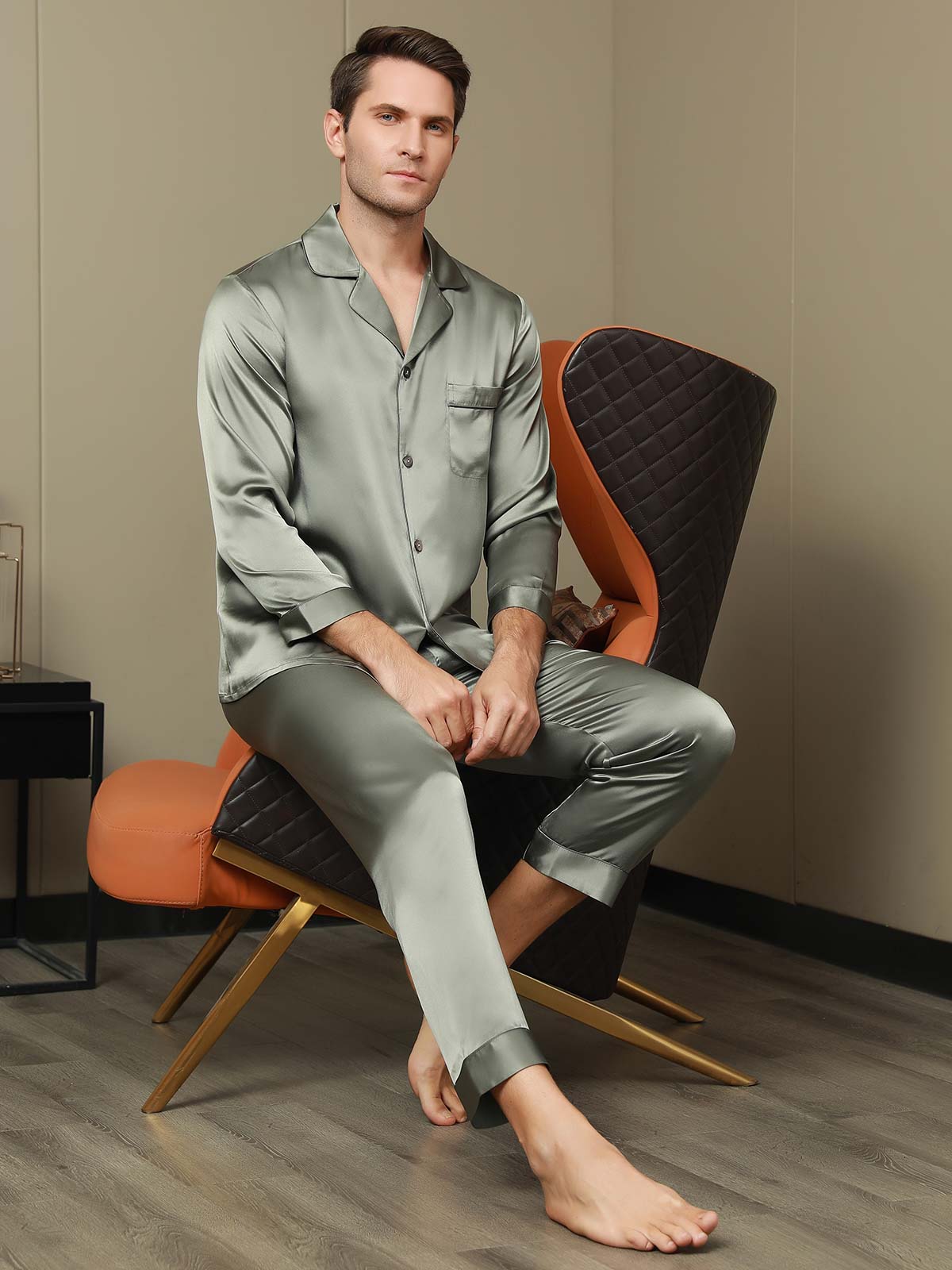 [Grayish Green] SilkSilky Pure Silk Long Sleeve Lapel Men's Pajamas 006
