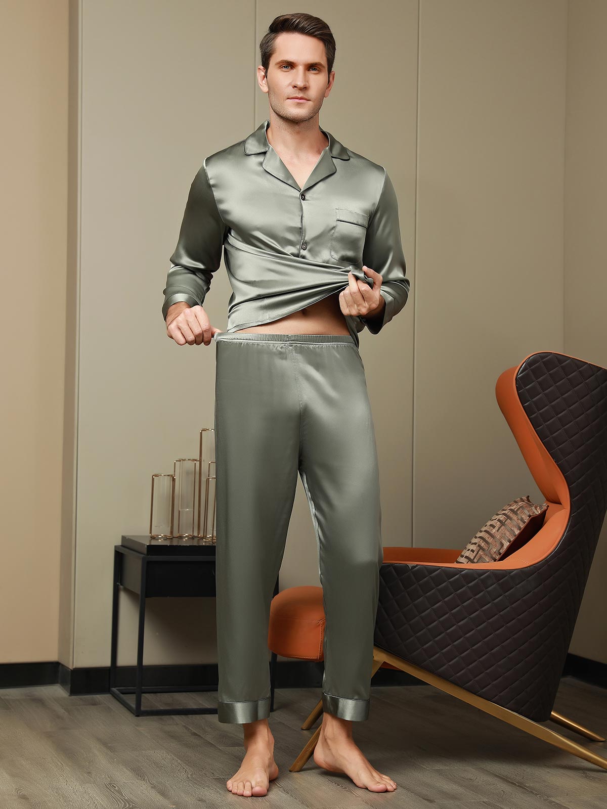 [Grayish Green] SilkSilky Pure Silk Long Sleeve Lapel Men's Pajamas 007