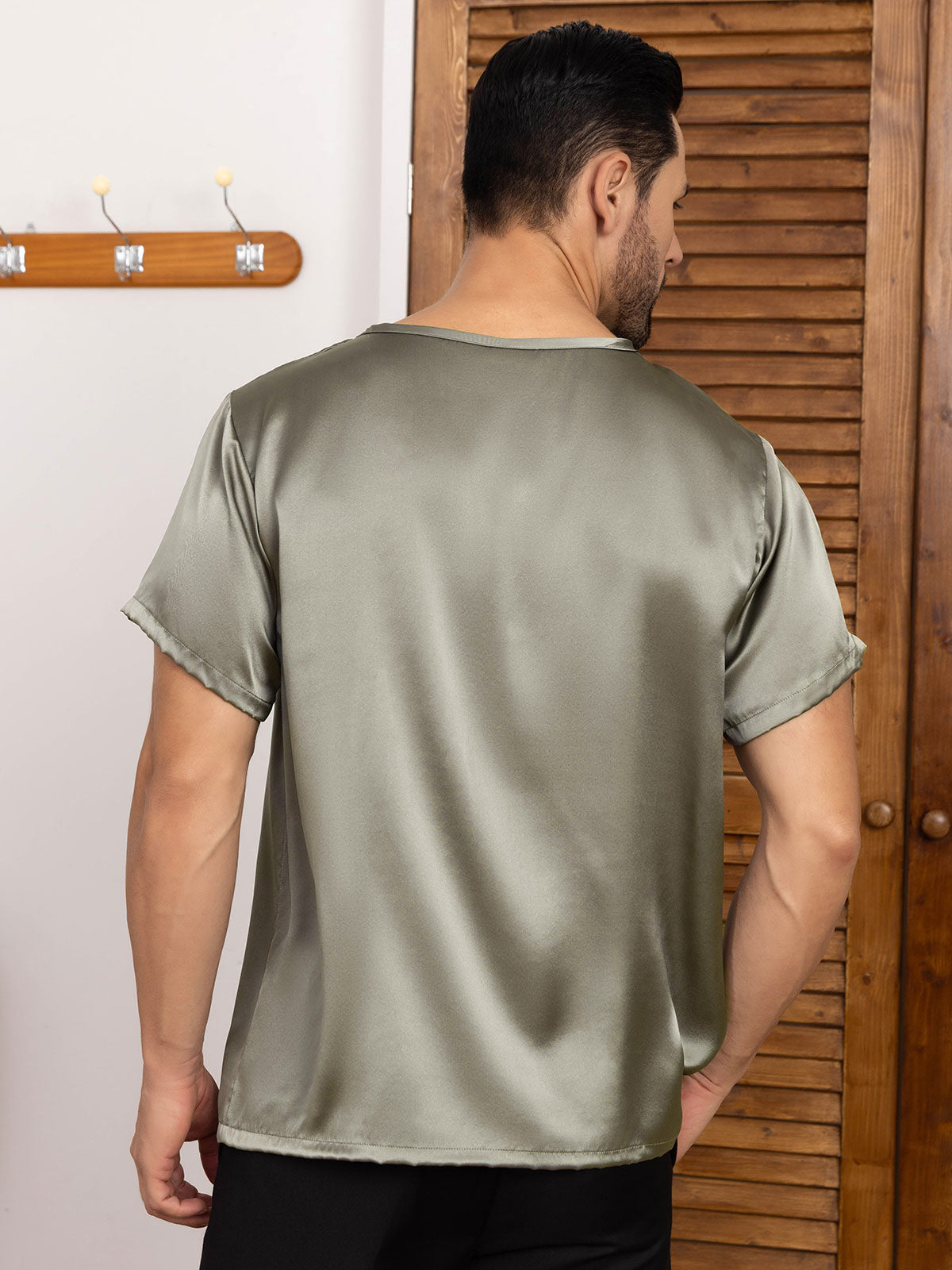 [Grayish Green] SilkSilky Pure Silk Short Sleeve Round Neck Men's T-Shirt 002