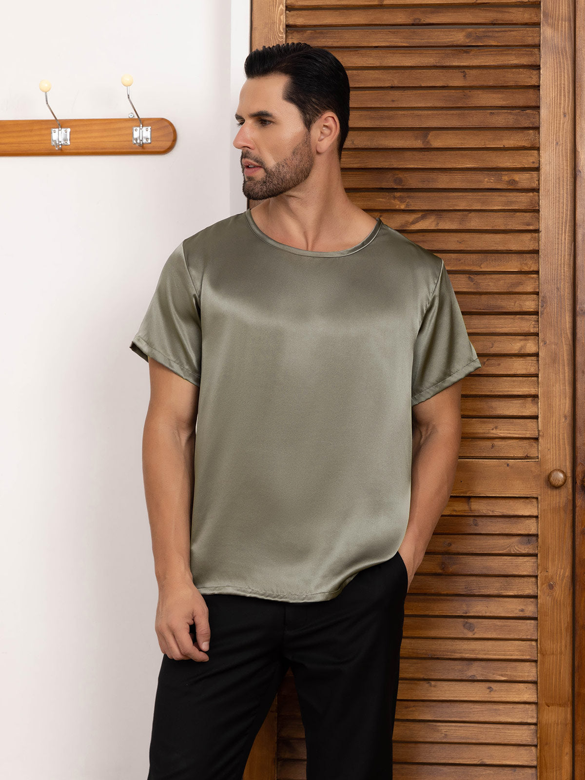 [Grayish Green] SilkSilky Pure Silk Short Sleeve Round Neck Men's T-Shirt 006