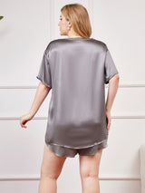 [Grayish Green] SilkSilky Pure Silk Short Sleeve Round Neck Plus Size Pajamas 002