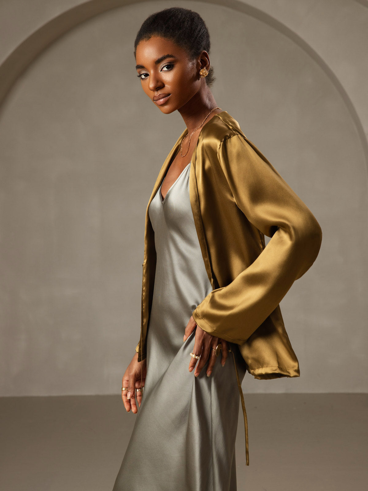 [Grayish Green] SilkSilky Pure Silk Sleeveless Round Neck Dress 006