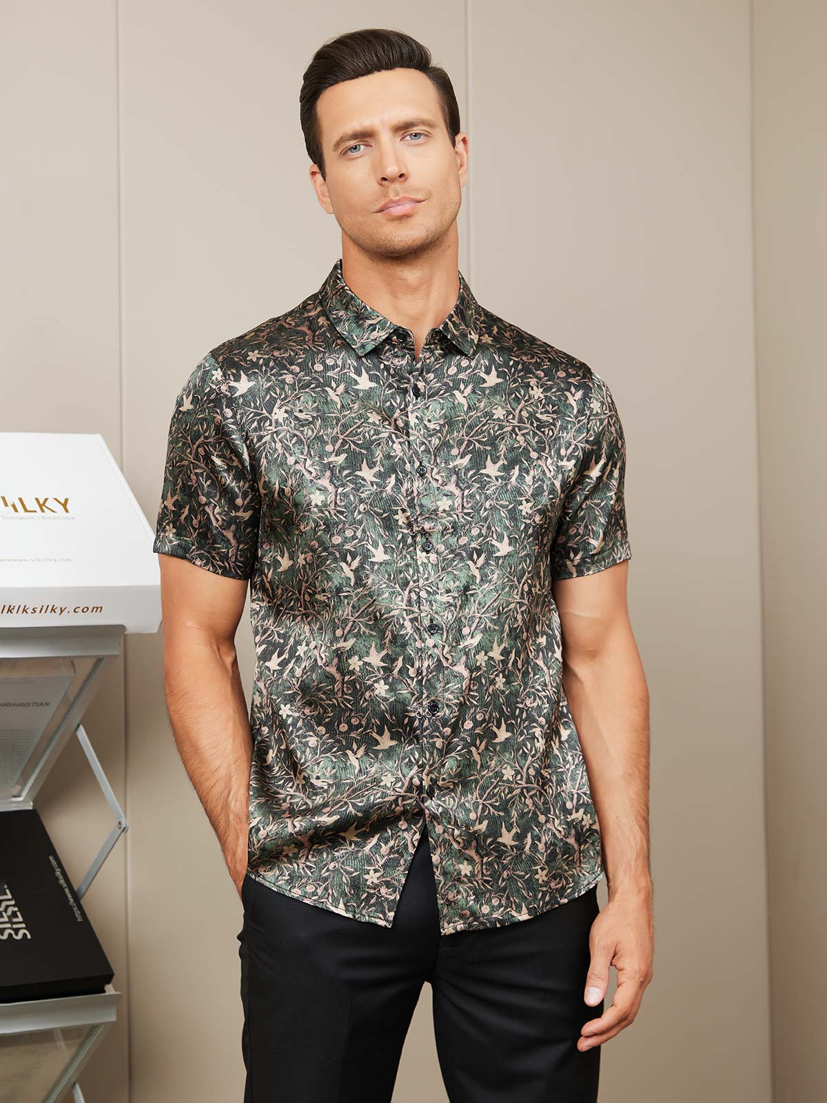 [Grayish Green] SilkSilky Silk Short Sleeve Collar Men's Shirt 002