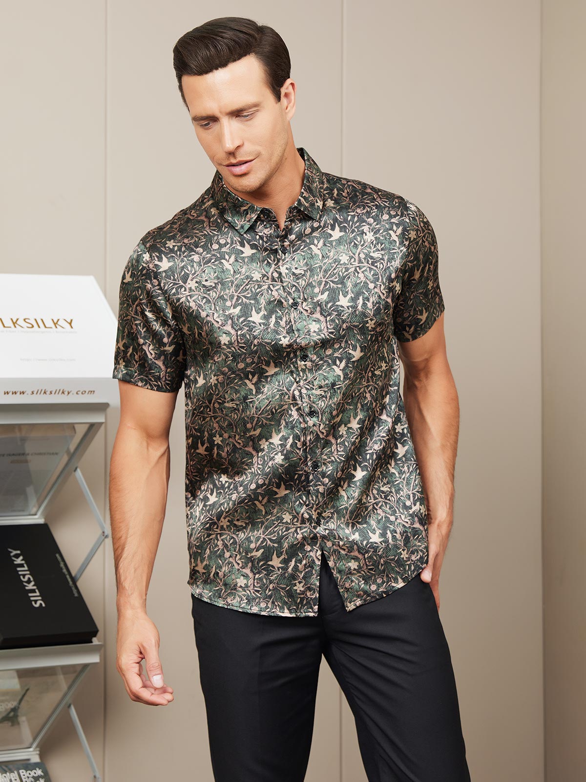 [Grayish Green] SilkSilky Silk Short Sleeve Collar Men's Shirt 004