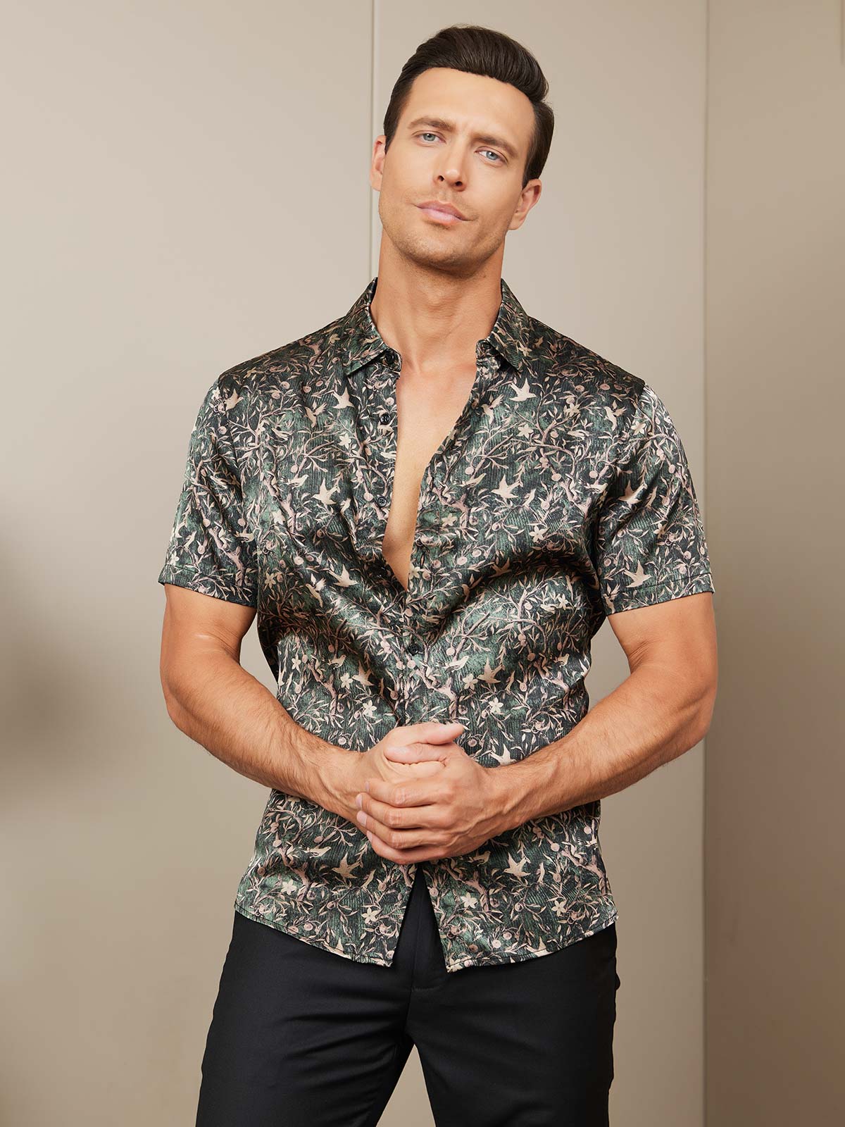 [Grayish Green] SilkSilky Silk Short Sleeve Collar Men's Shirt 007
