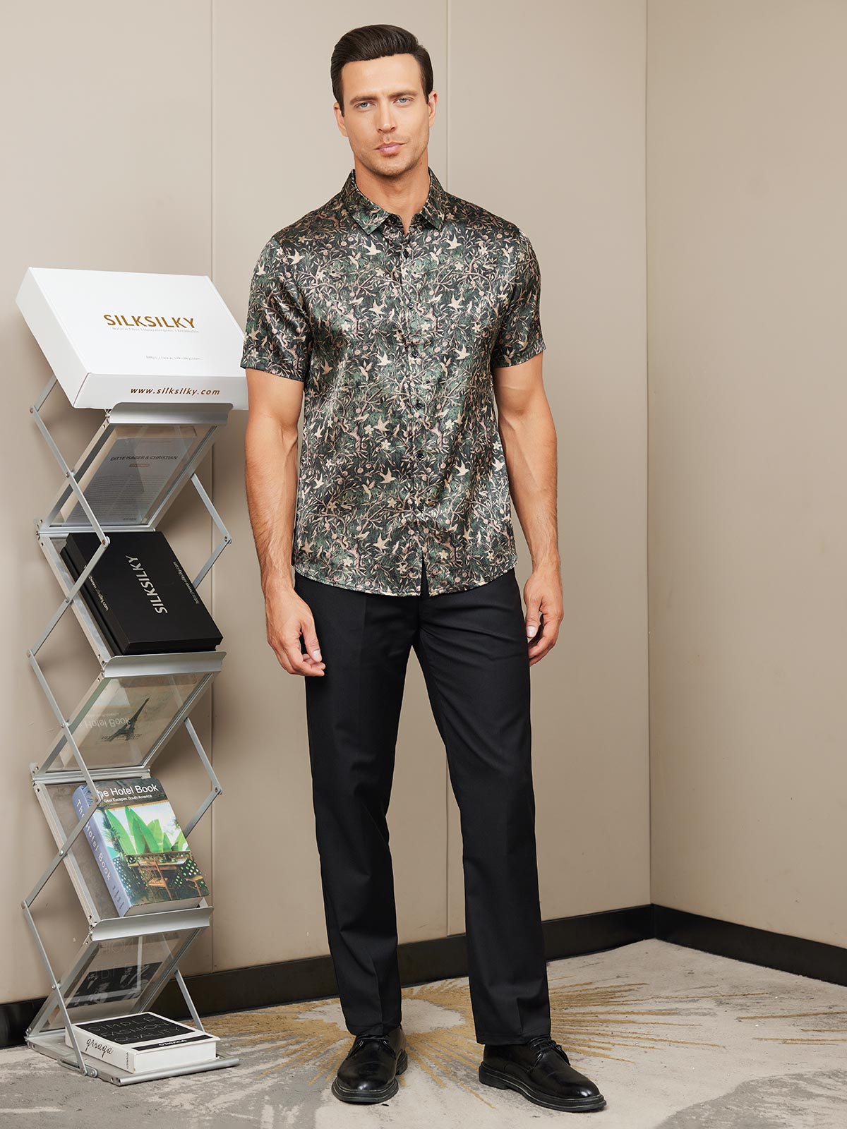 [Grayish Green] SilkSilky Silk Short Sleeve Collar Men's Shirt 008