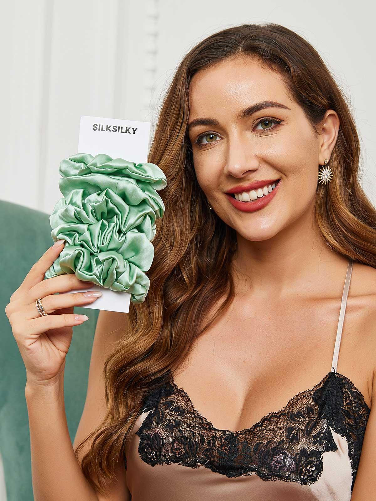 [Green] SilkSilky 19Momme Pure Silk Scrunchie 001