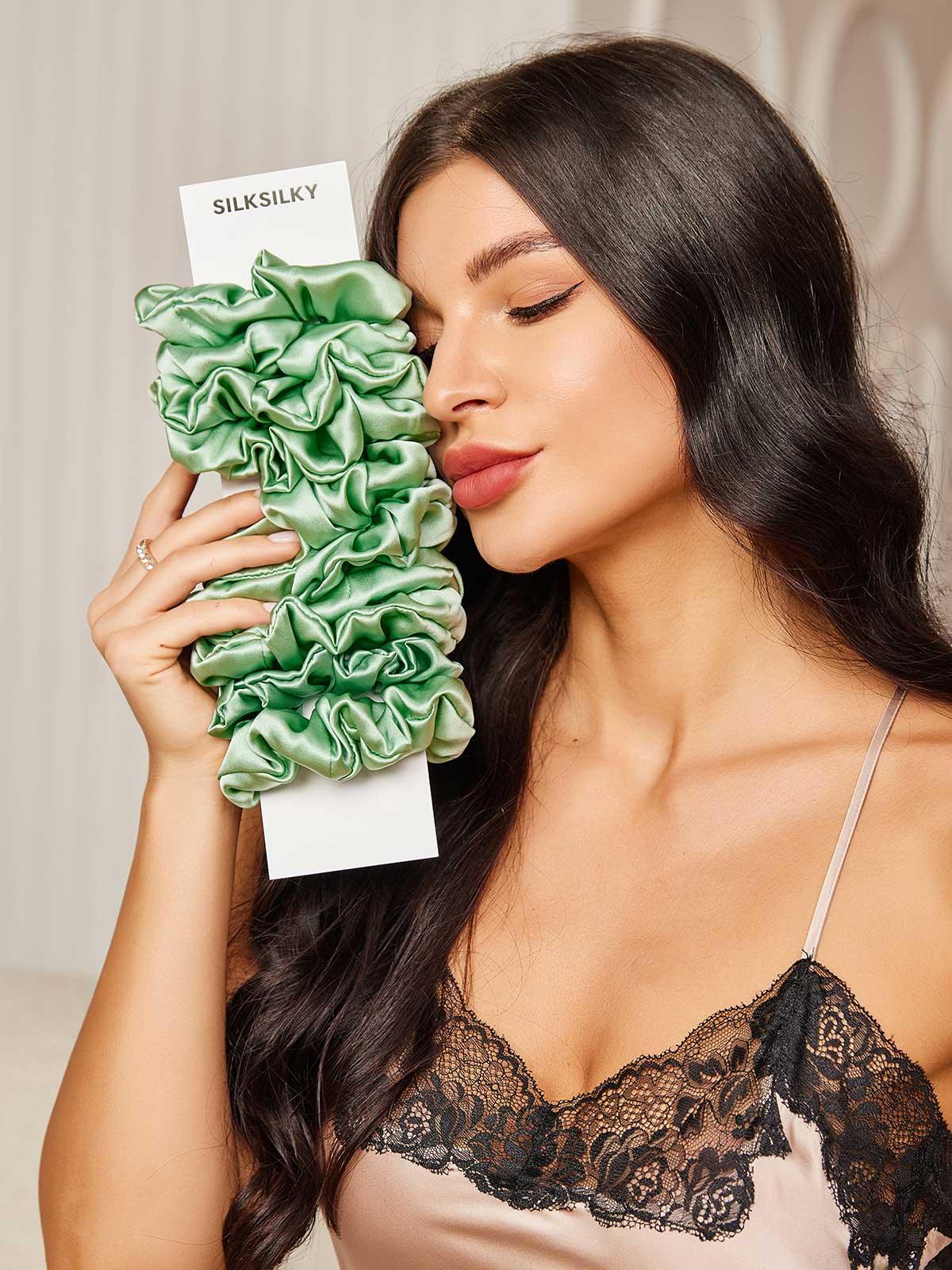 [Green] SilkSilky 19Momme Pure Silk Scrunchie 001