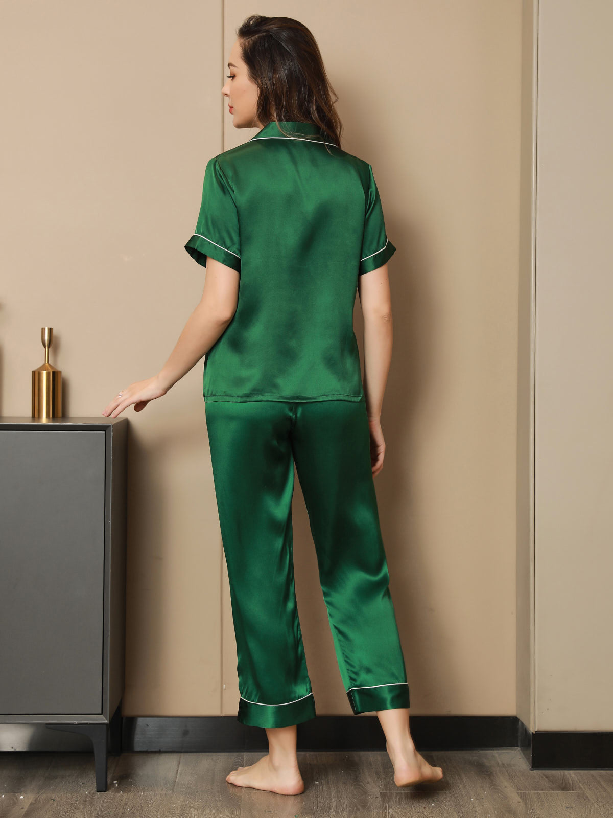 [Green] SilkSilky Pure Silk Short Sleeve Lapel Women's Pajamas 002