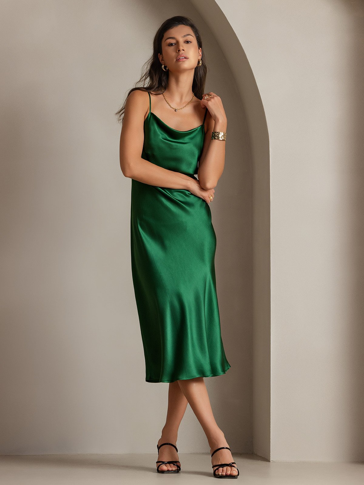 [Green] SilkSilky Pure Silk Sleeveless Cowl Neck Dress 004