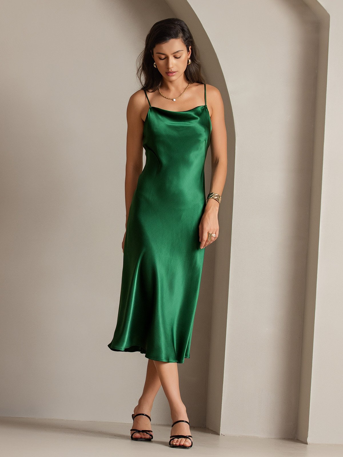 [Green] SilkSilky Pure Silk Sleeveless Cowl Neck Dress 007