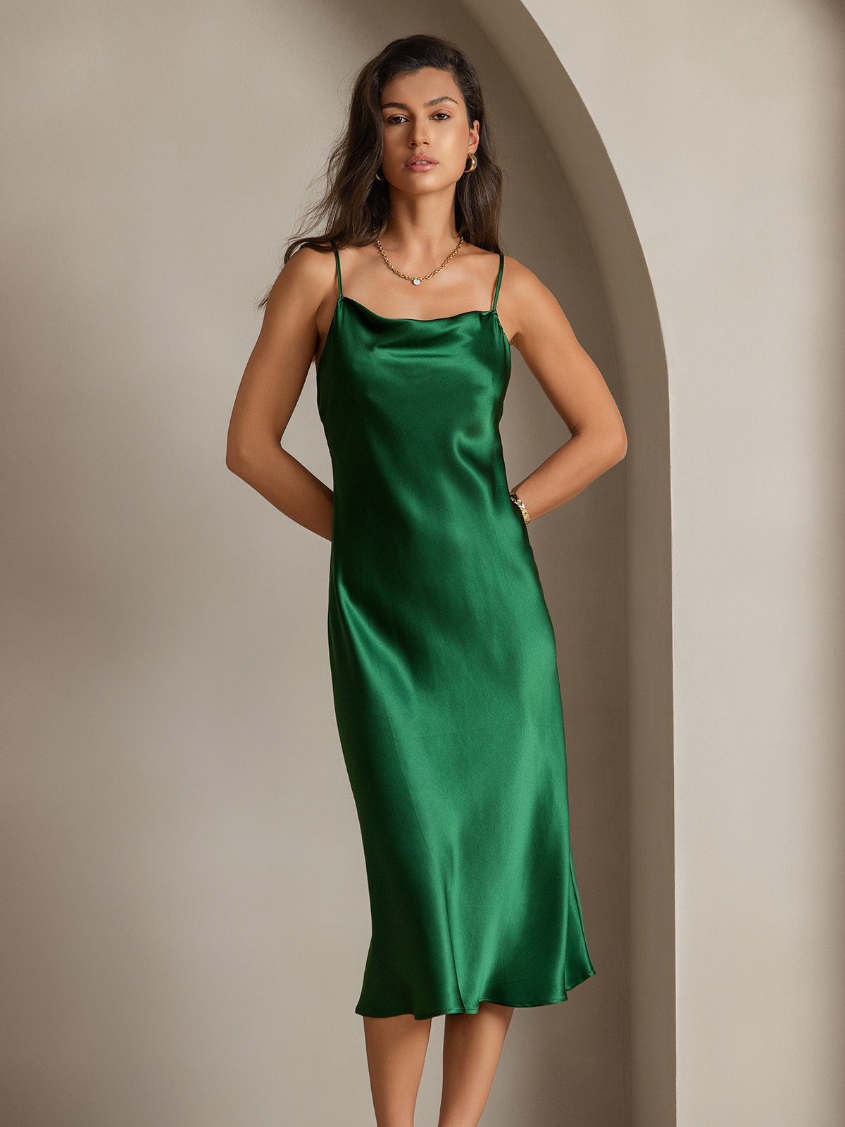 [Green] SilkSilky Pure Silk Sleeveless Cowl Neck Dress 008