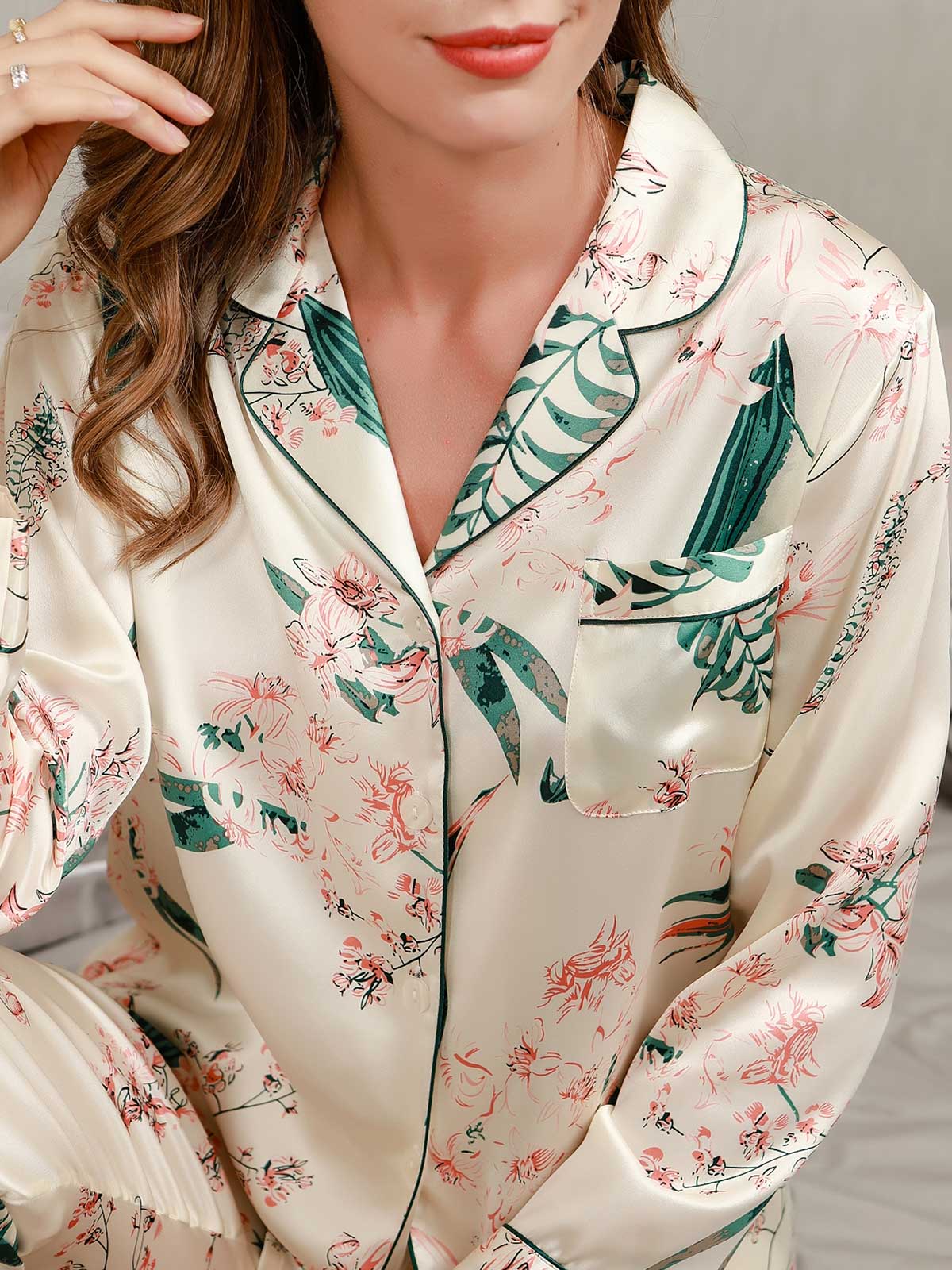 [Ivory] SilkSilky Pure Silk Long Sleeve Lapel Women's Pajamas 007