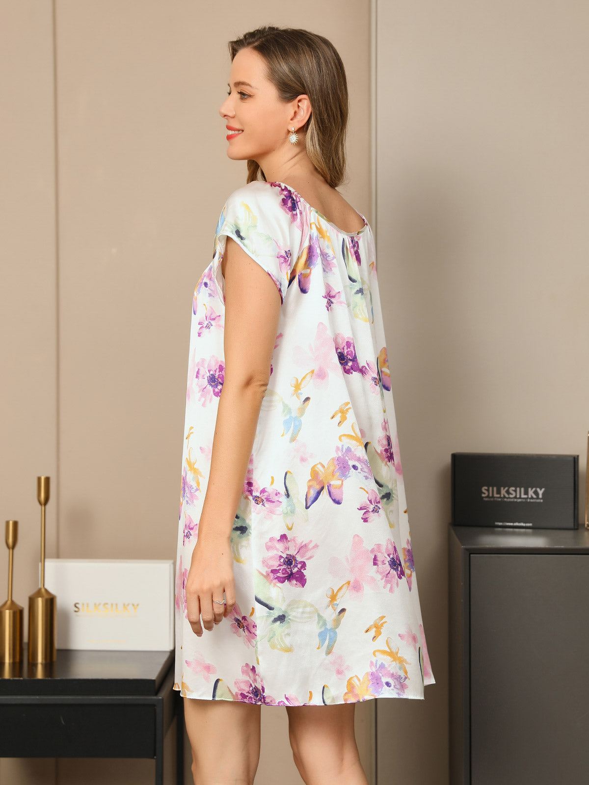 [Lavender] SilkSilky Pure Silk Cap Sleeve Tie Neck Nightgown 002