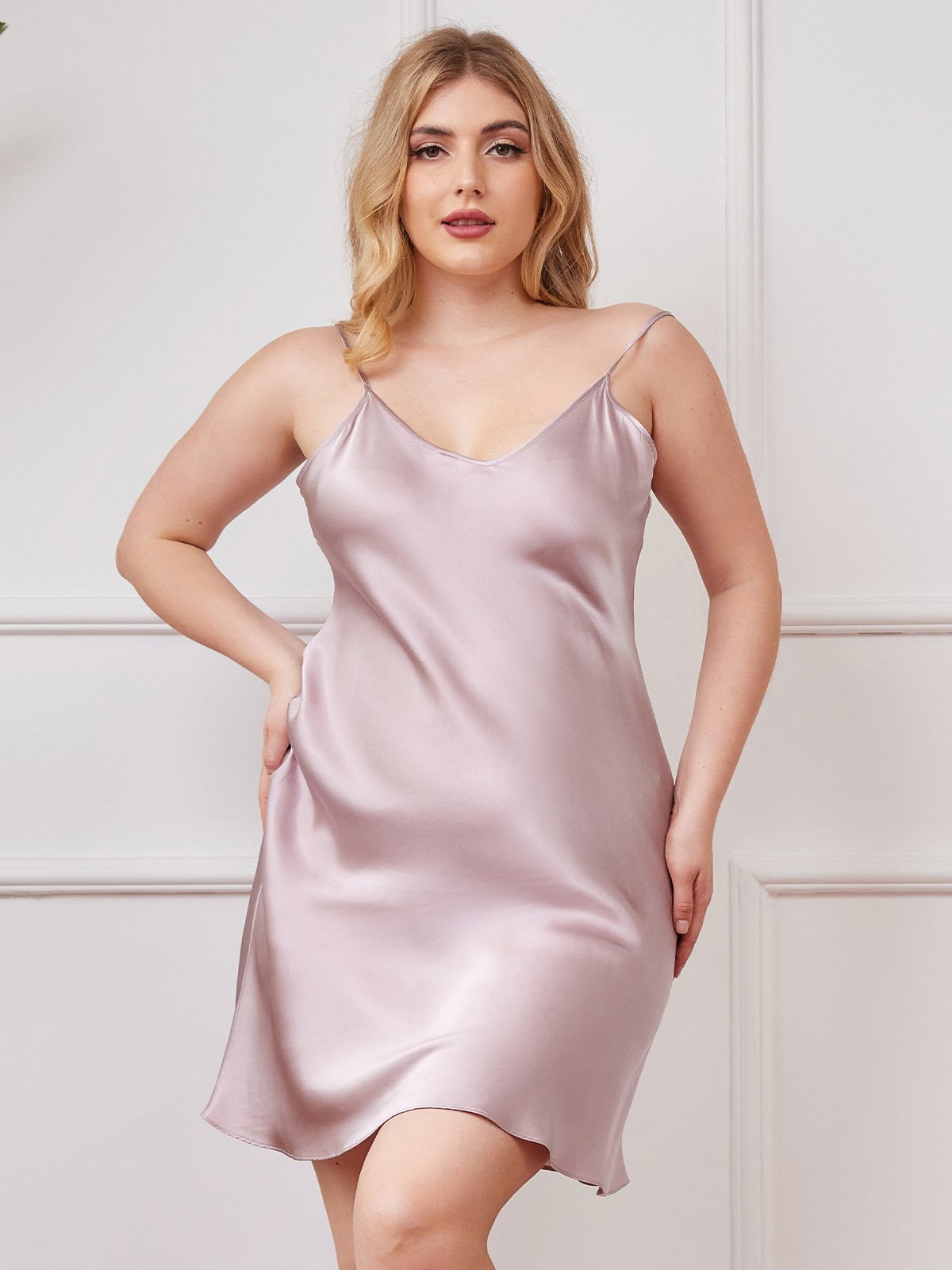 [Lavender] SilkSilky Pure Silk Deep V Neck Plus Size Dress 001