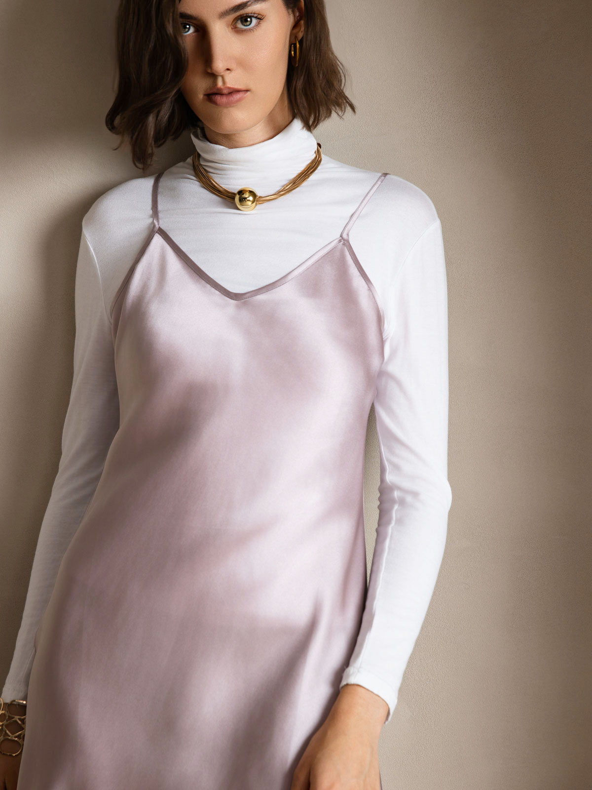 [Lavender] SilkSilky Pure Silk Sleeveless V Neck Dress 003