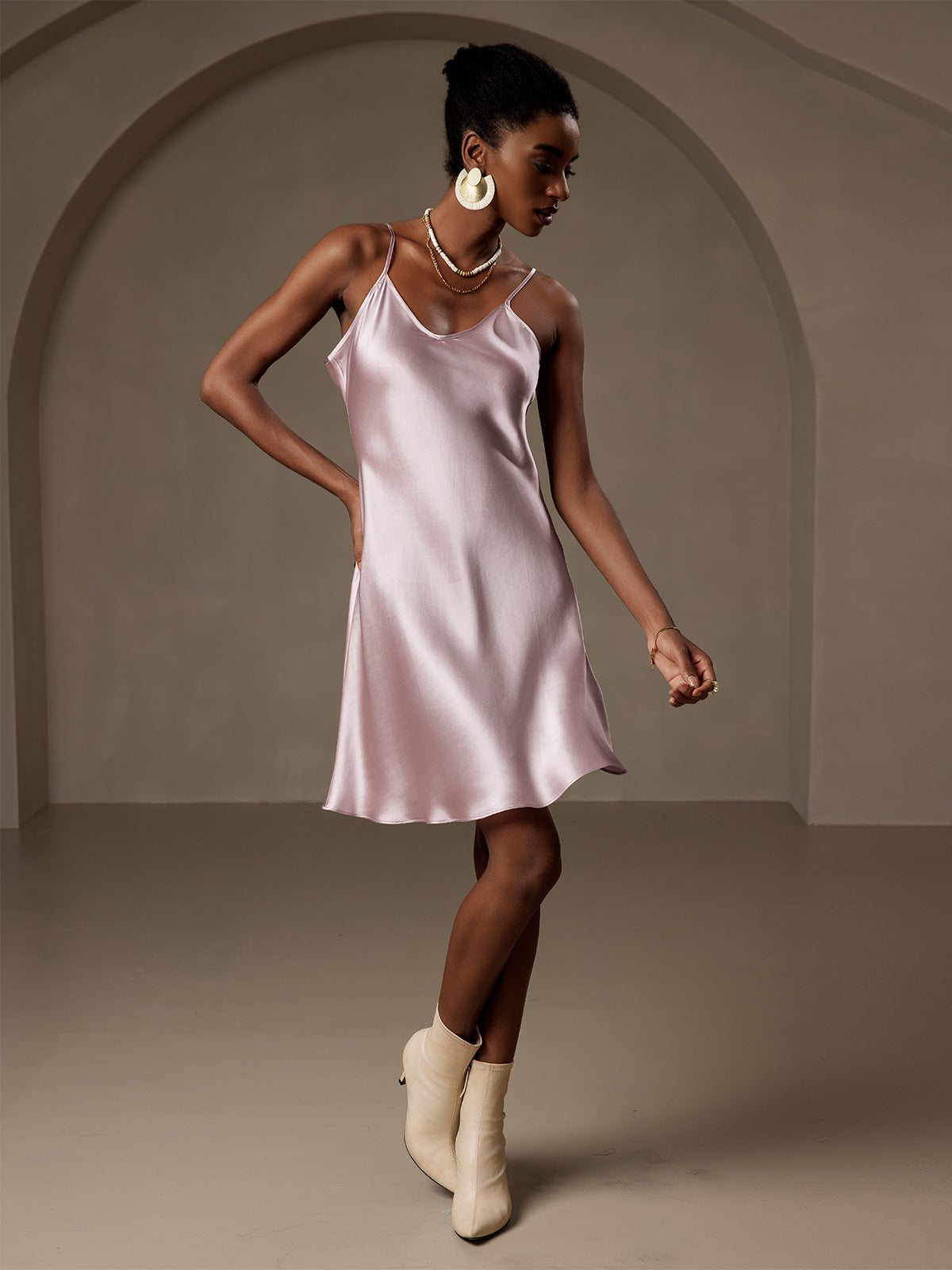 [Lavender] SilkSilky Pure Silk Sleeveless V Neck Dress 006