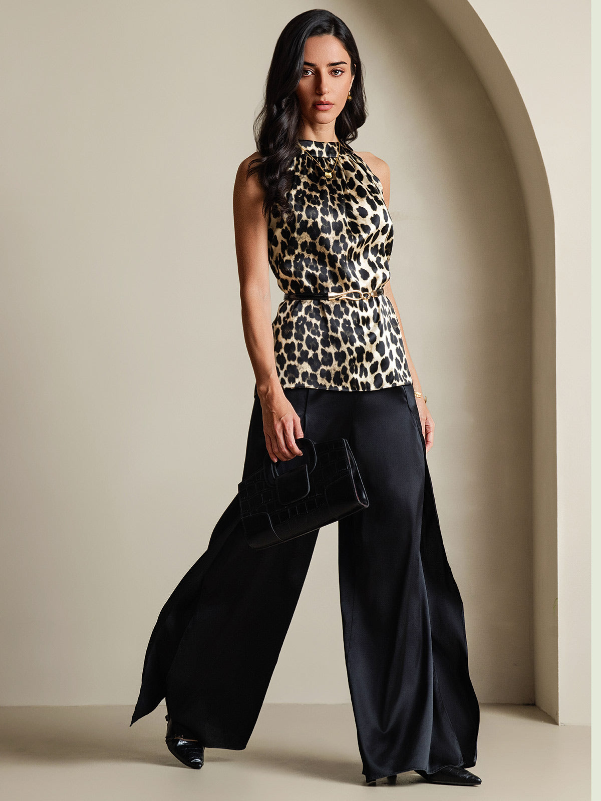 [Leopard] SilkSilky 19Momme Silk Sleeveless Womens T-Shirt 001
