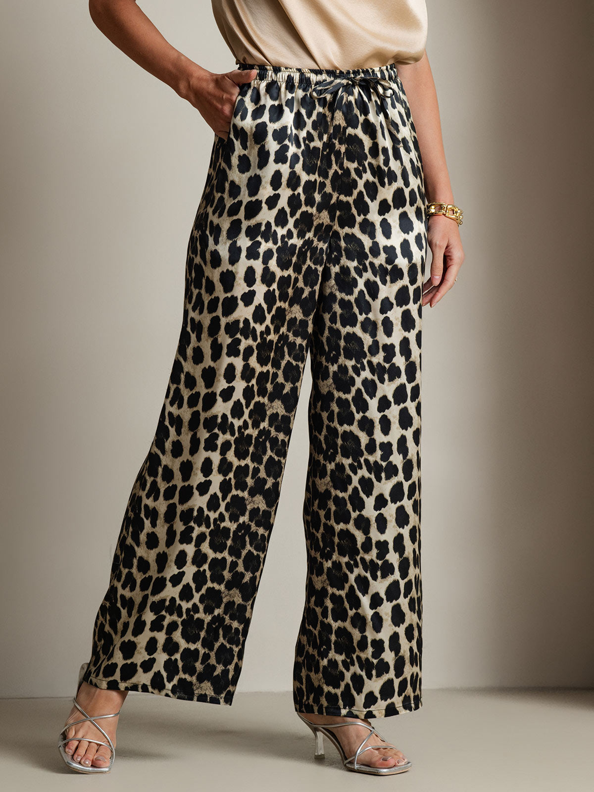 【KIXI】★(UNISEX) Mix material side line maxi pants Pure Silk Wide Leg Women's Pants with Elastic Waist Design